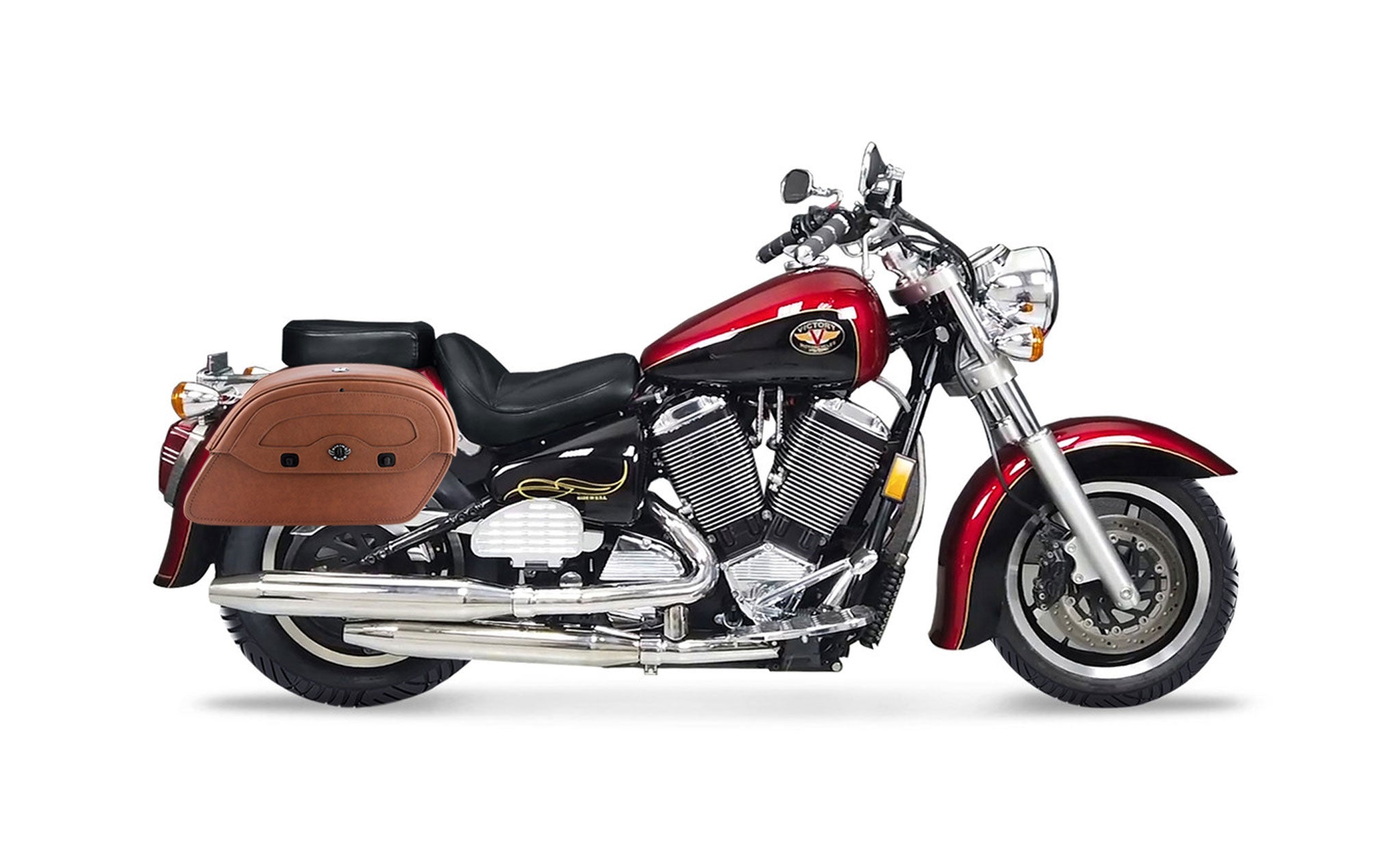 Viking Warrior Brown Large Victory V92C Leather Motorcycle Saddlebags on Bike Photo @expand