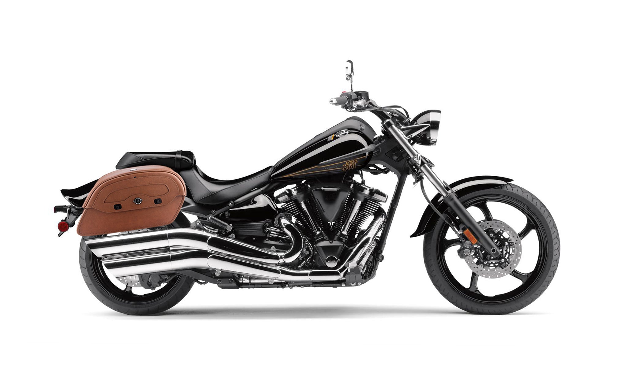 Viking Warrior Brown Large Yamaha Raider Leather Motorcycle Saddlebags on Bike Photo @expand
