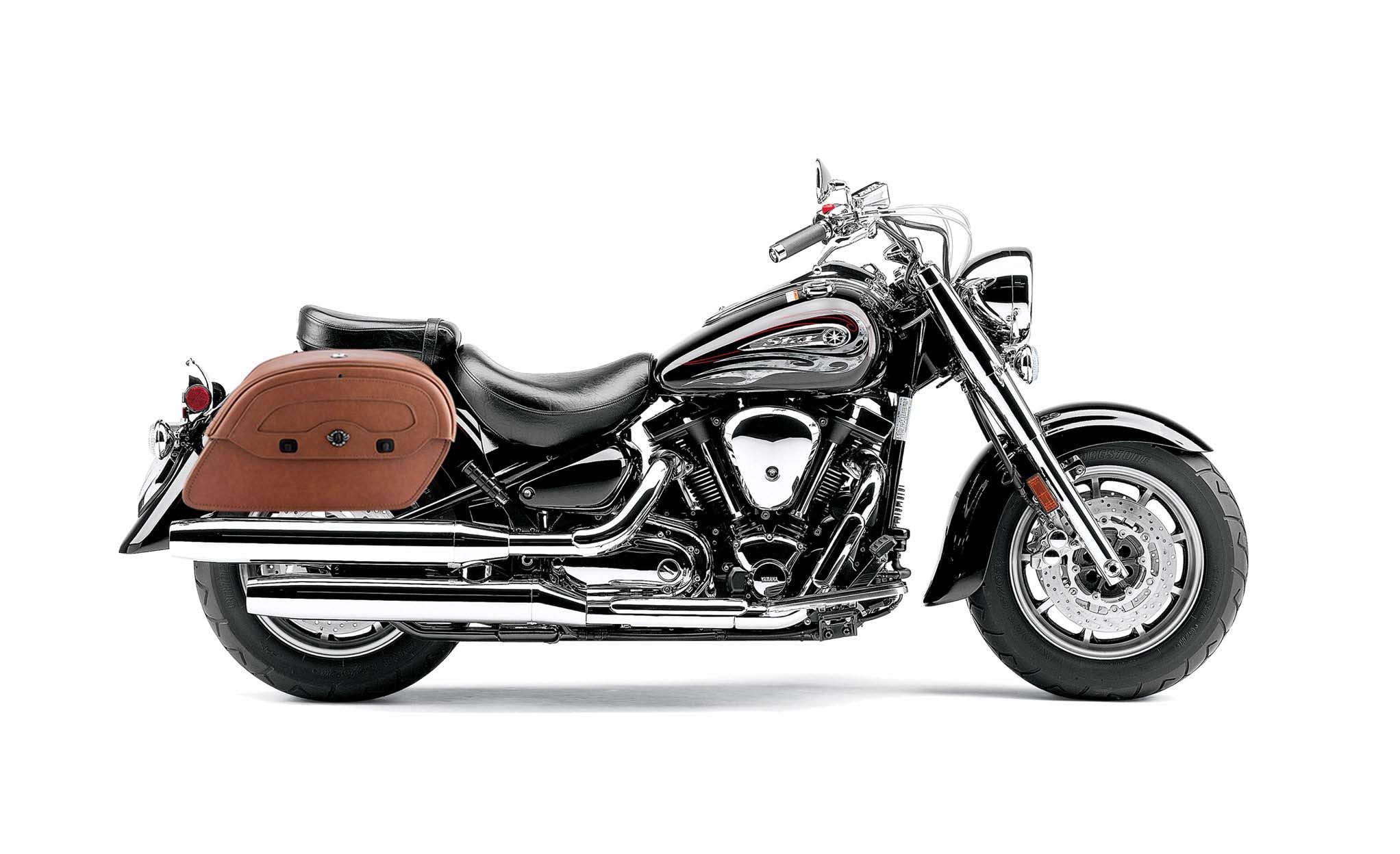 Viking Warrior Brown Large Yamaha Road Star S Midnight Leather Motorcycle Saddlebags on Bike Photo @expand