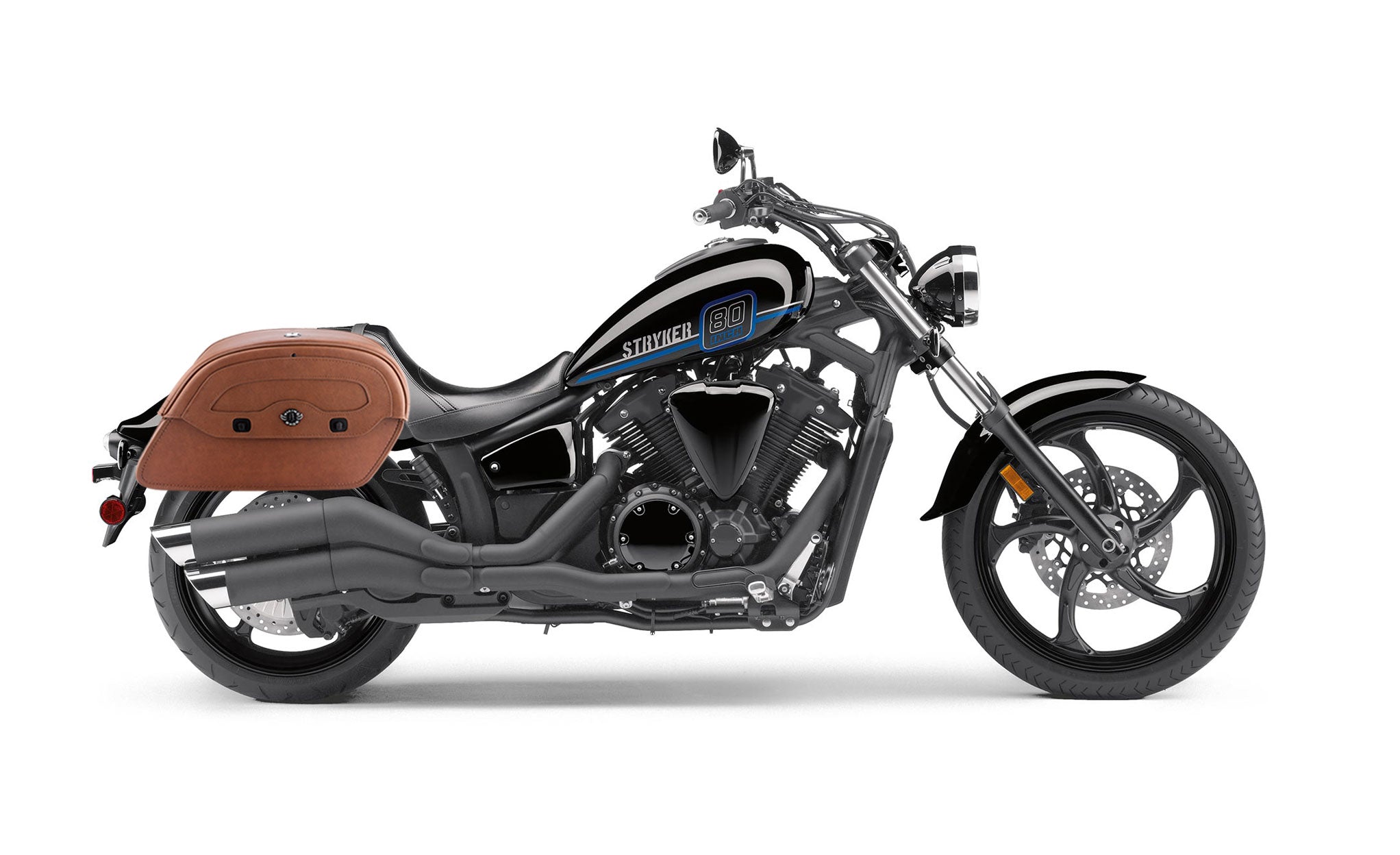 Viking Warrior Brown Large Yamaha Stryker Leather Motorcycle Saddlebags on Bike Photo @expand