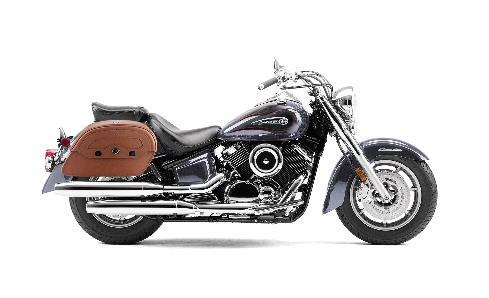 Viking Warrior Brown Large Yamaha V Star 1100 Classic Xvs11A Leather Motorcycle Saddlebags on Bike Photo @expand