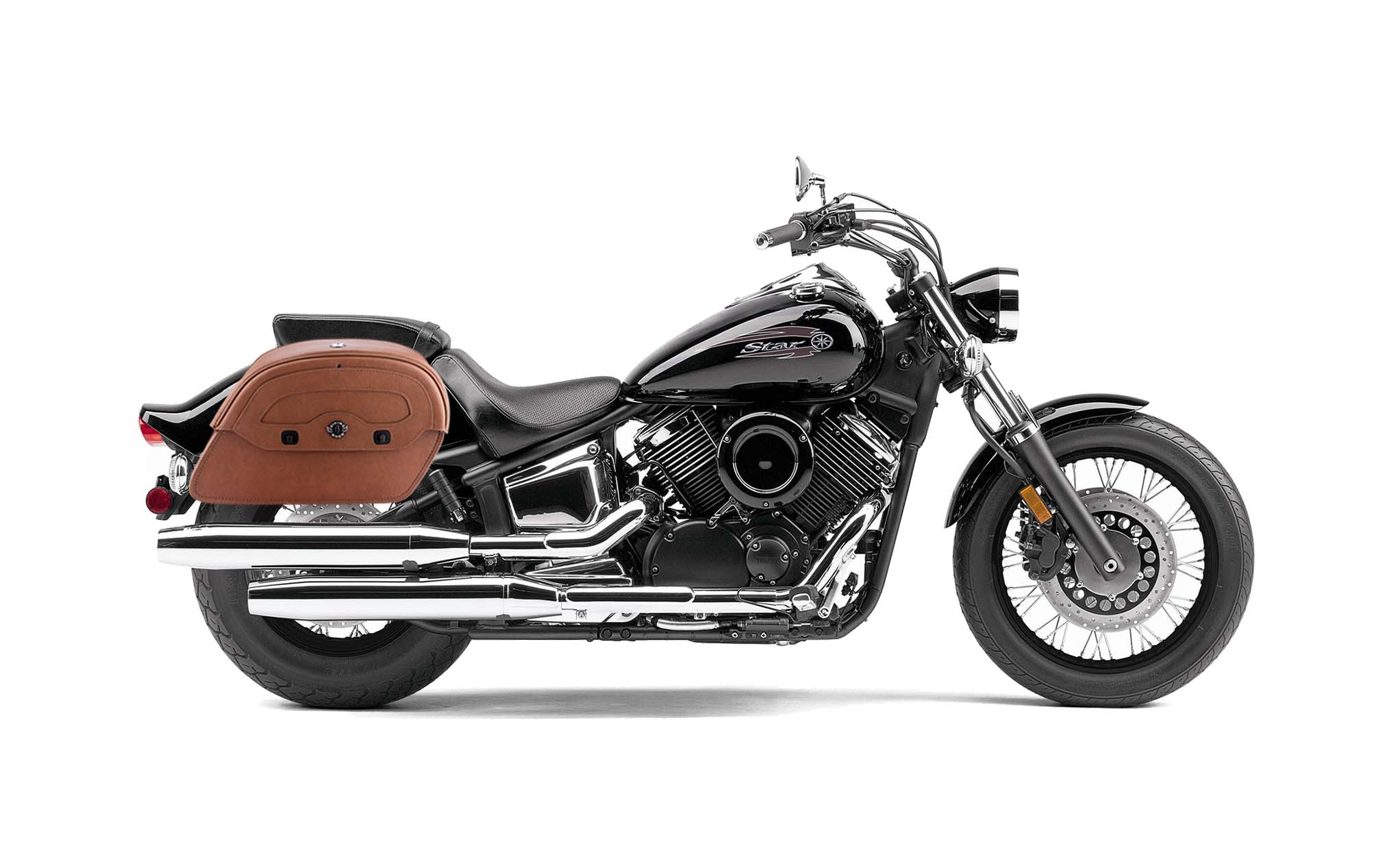 Viking Warrior Brown Large Yamaha V Star 1100 Custom Xvs11T Leather Motorcycle Saddlebags on Bike Photo @expand