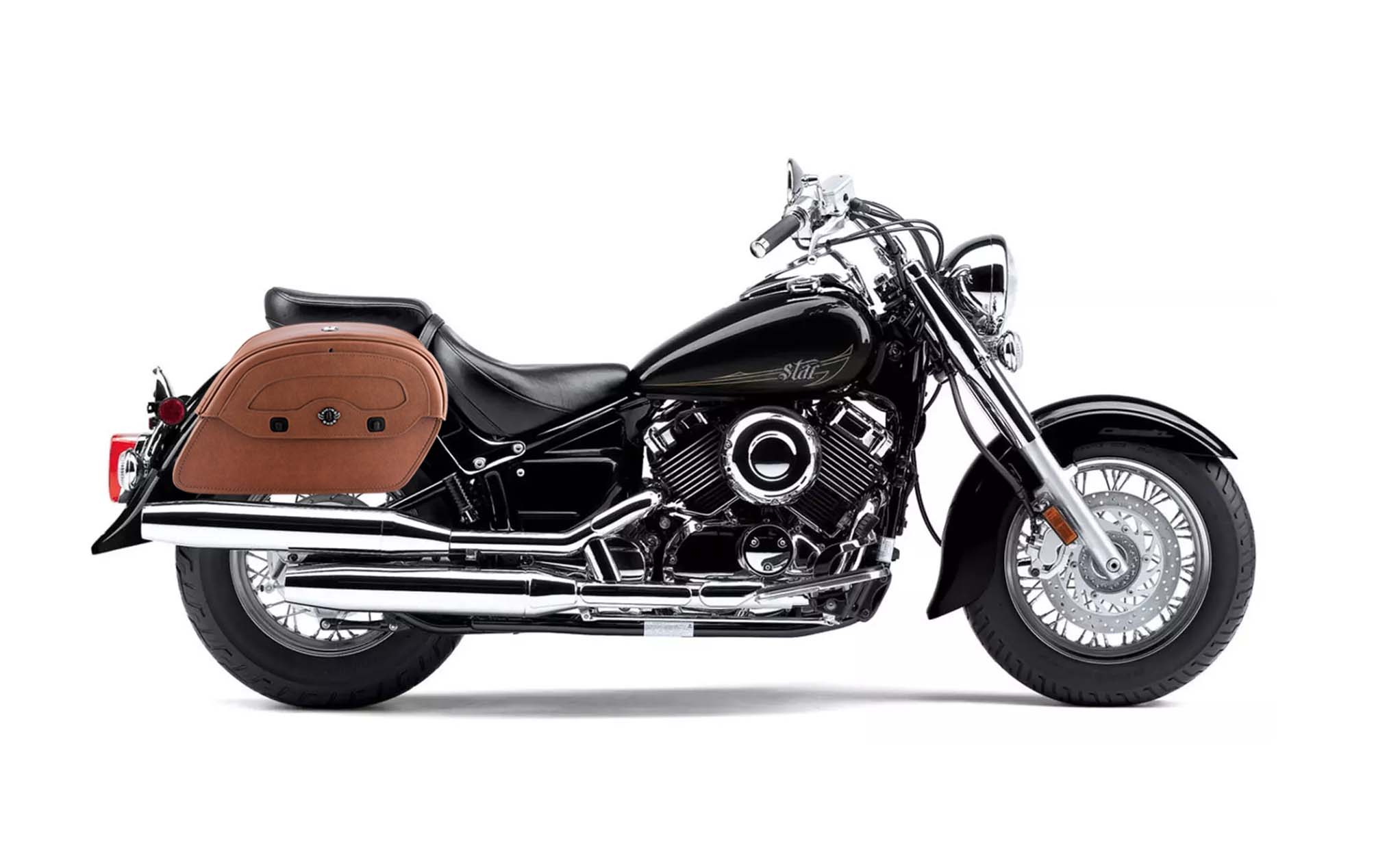Viking Warrior Brown Large Yamaha V Star 650 Classic Xvs65A Leather Motorcycle Saddlebags on Bike Photo @expand