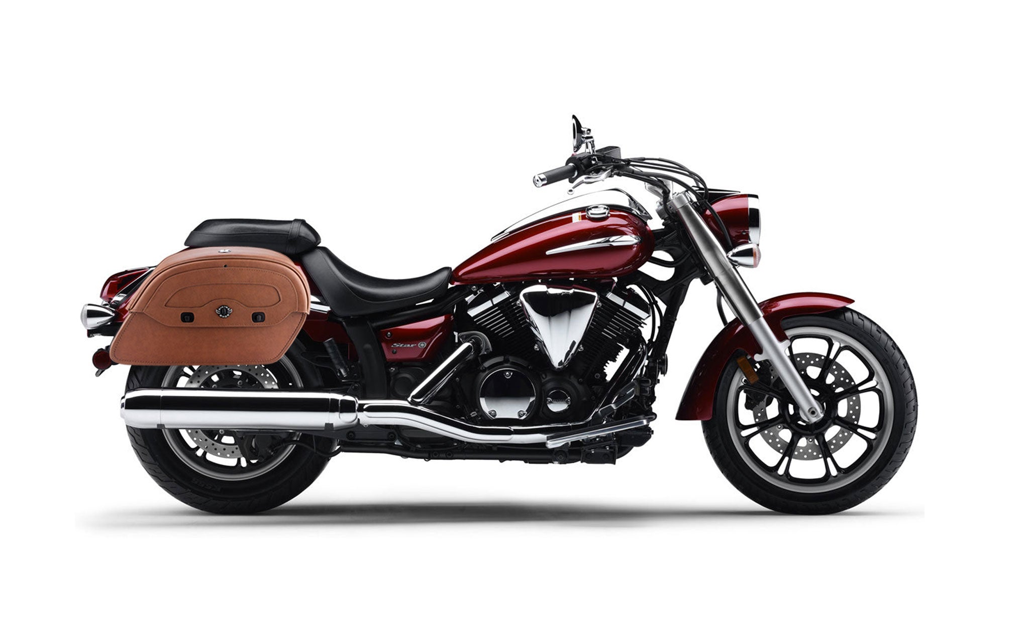 Viking Warrior Brown Large Yamaha V Star 950 Leather Motorcycle Saddlebags on Bike Photo @expand