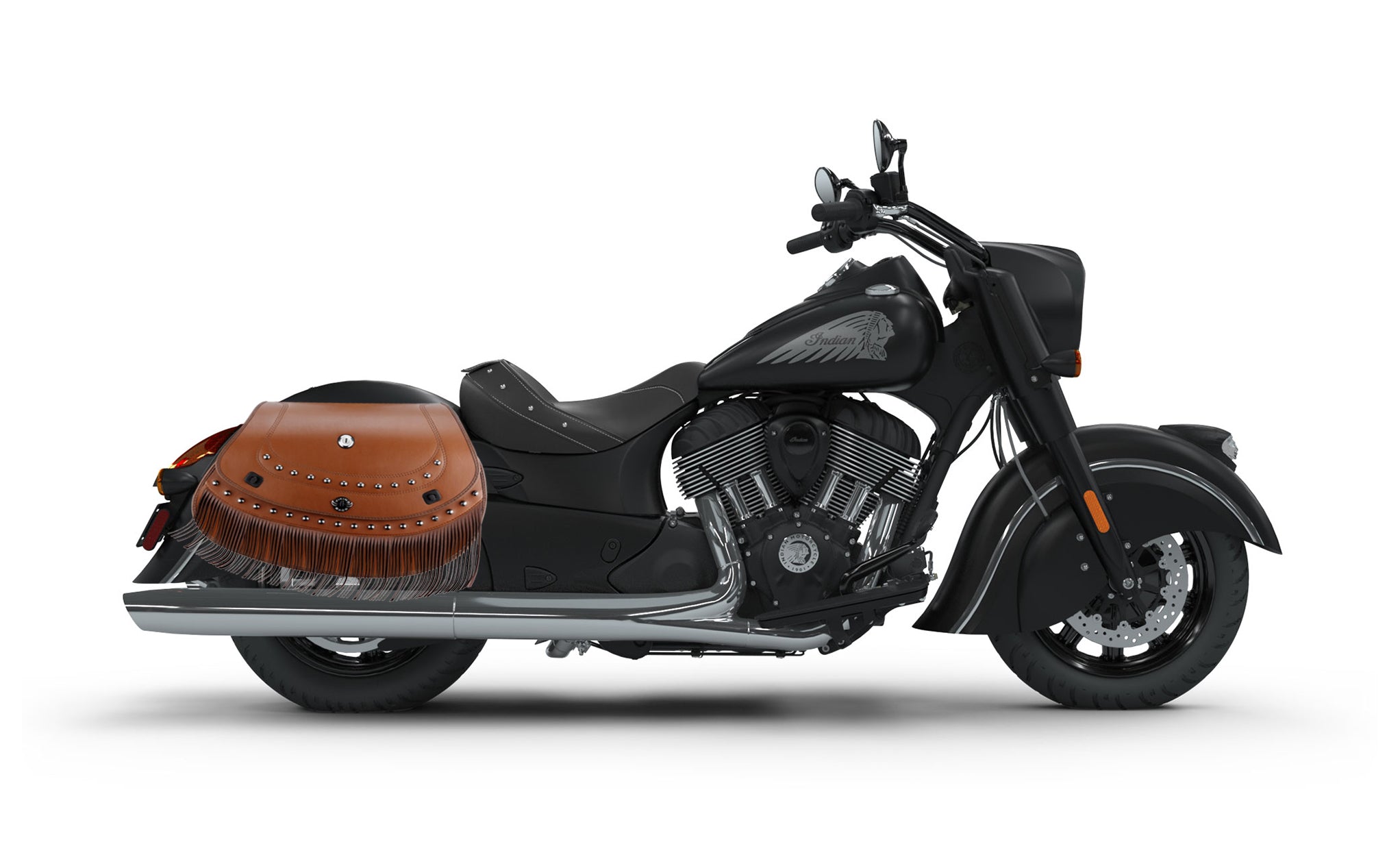 Viking Mohawk Brown Extra Large Indian Chief Darkhorse Specific Leather Motorcycle Saddlebags on Bike Photo @expand