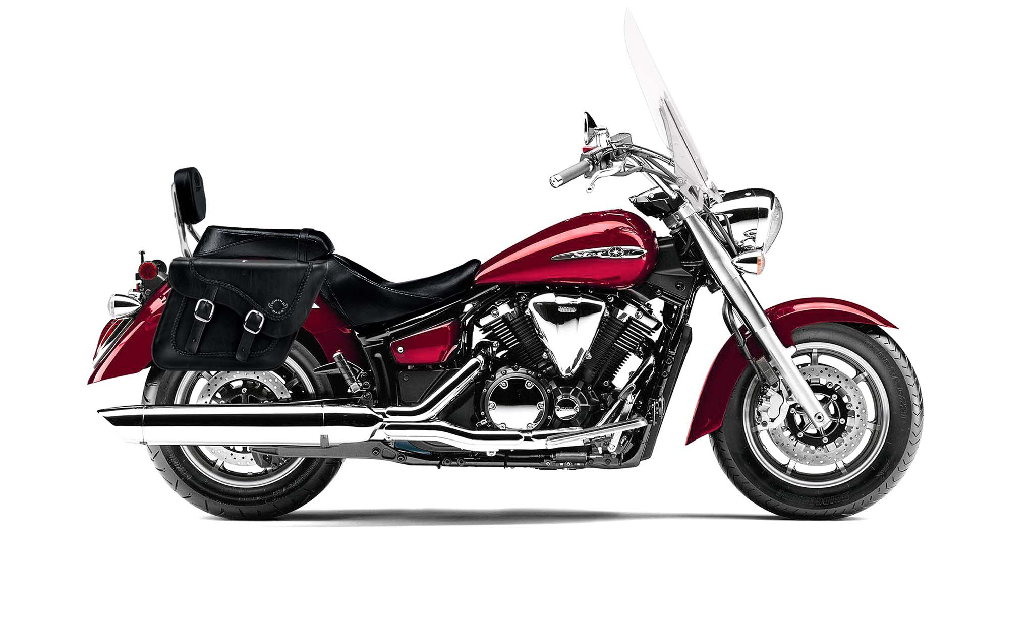 Viking Americano Yamaha V Star 1300 Tourer Braided Large Leather Motorcycle Saddlebags on Bike Photo @expand