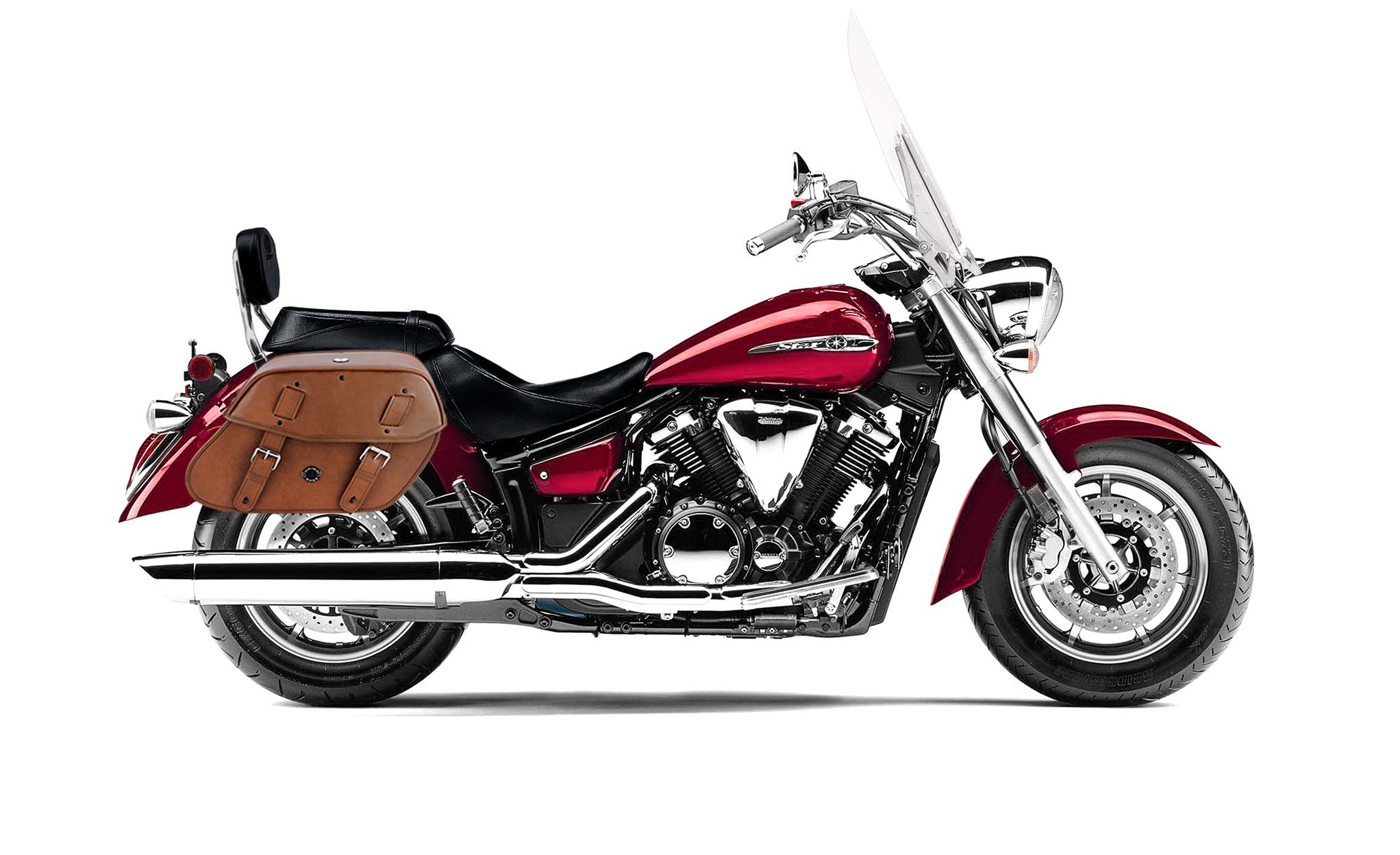 Viking Odin Brown Large Yamaha V Star 1300 Tourer Leather Motorcycle Saddlebags on Bike Photo @expand