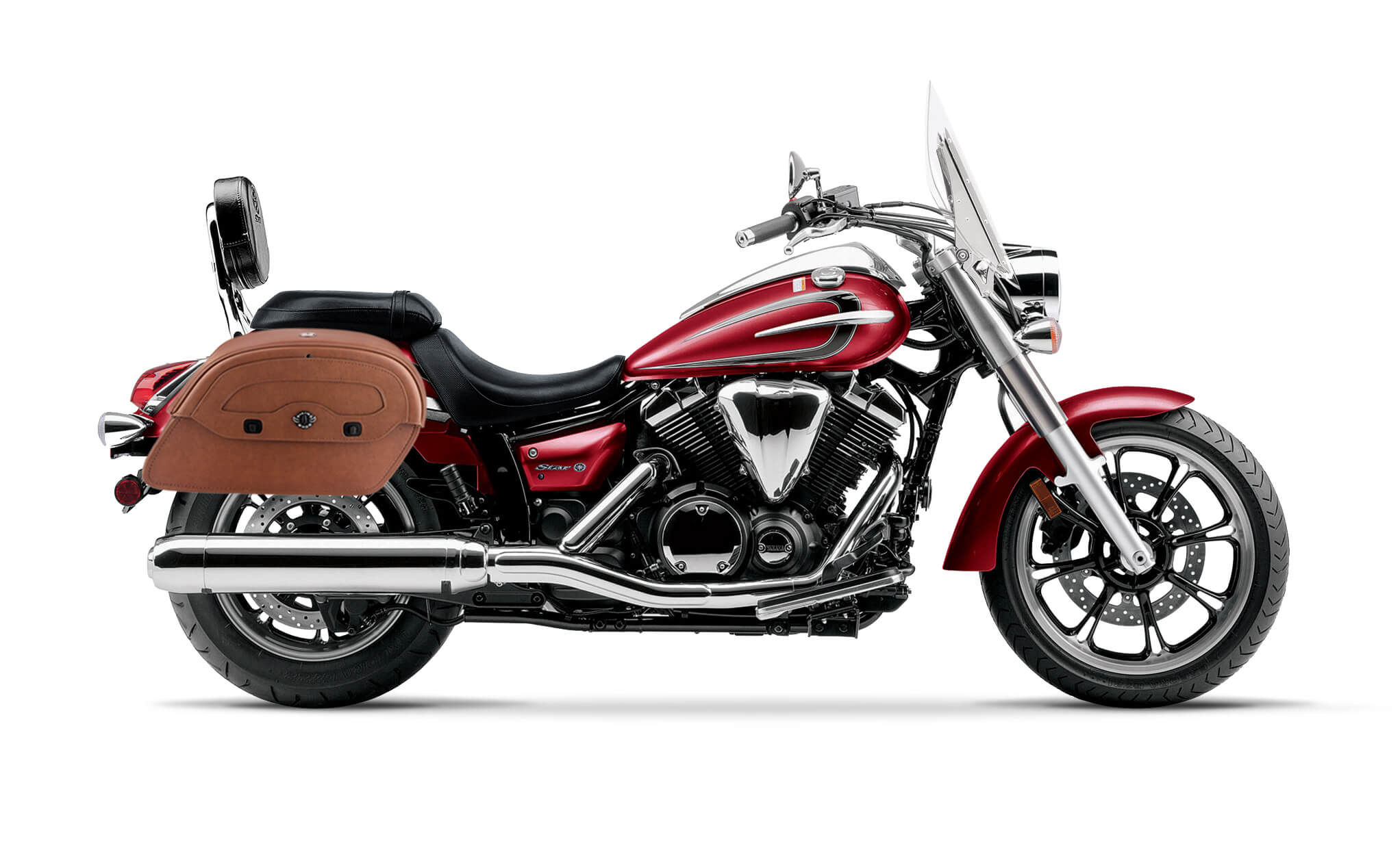 Viking Odin Brown Large Yamaha V Star 950 Tourer Leather Motorcycle Saddlebags on Bike Photo @expand