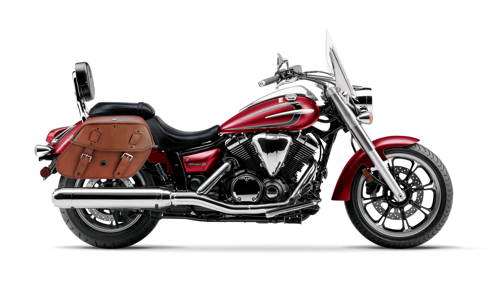 Viking Warrior Brown Large Yamaha V Star 950 Tourer Leather Motorcycle Saddlebags on Bike Photo @expand