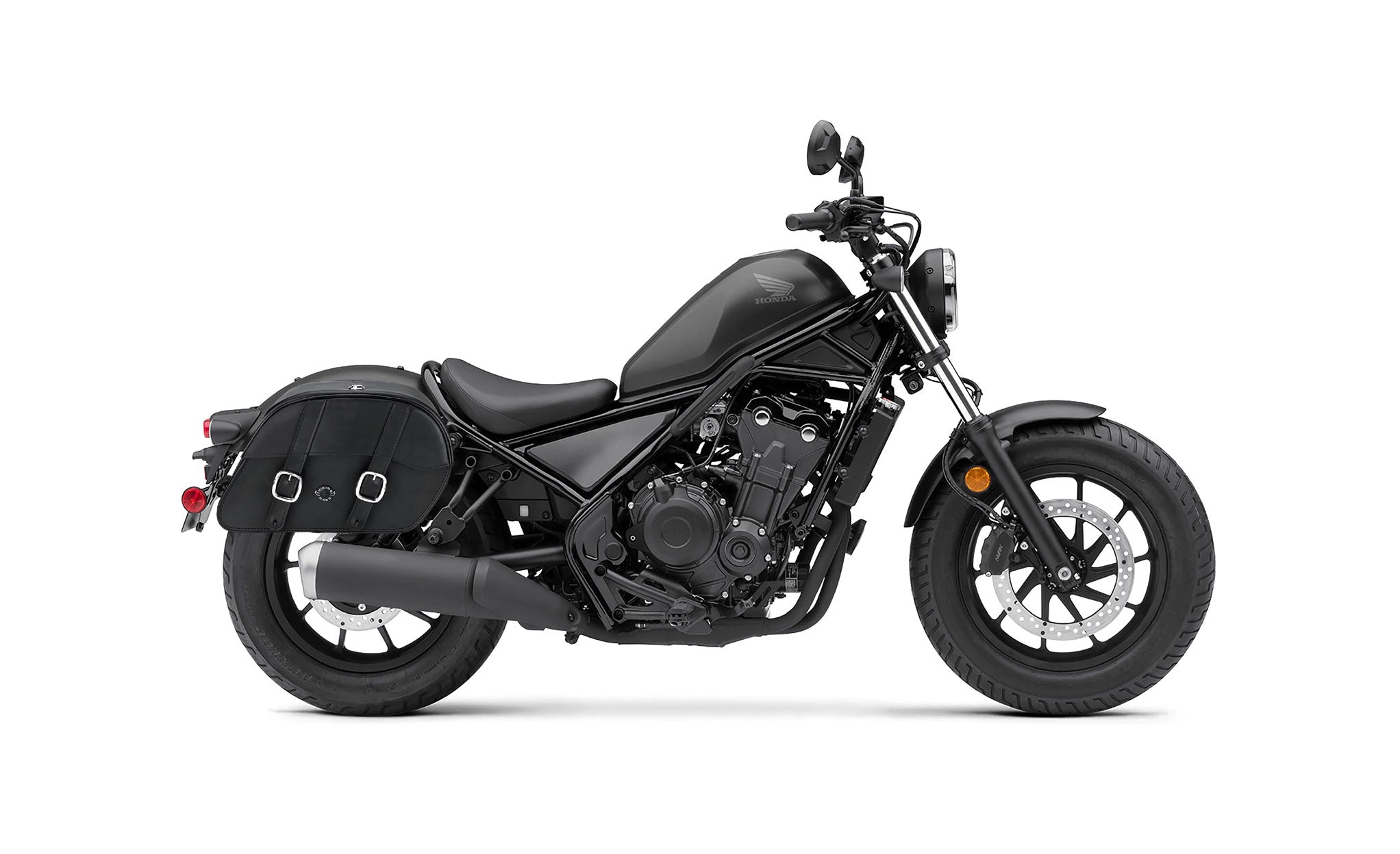 Viking Skarner Large Honda Rebel 500 Shock Cut Out Leather Motorcycle Saddlebags on Bike Photo @expand
