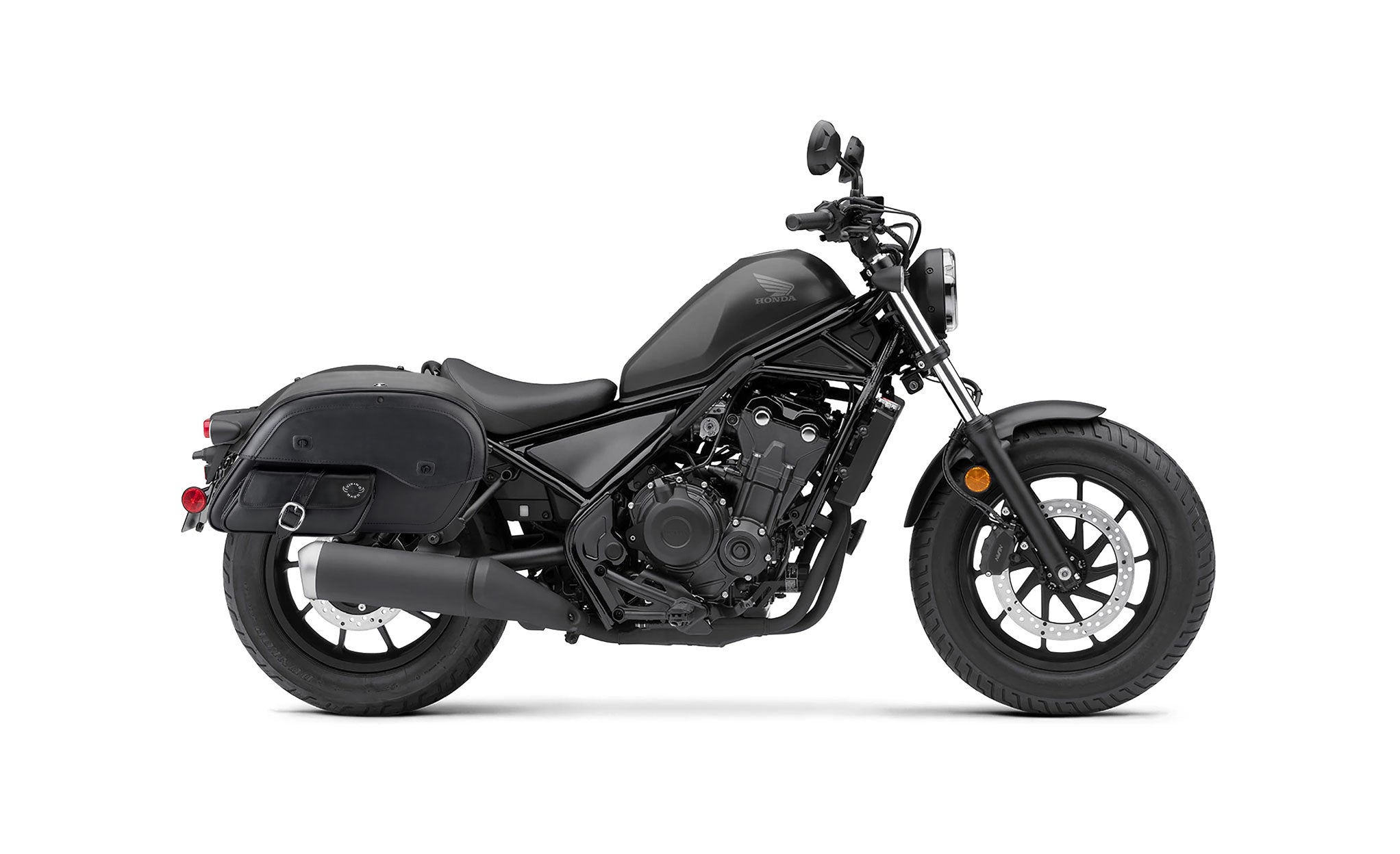 Viking Essential Side Pocket Large Honda Rebel 500 Shock Cutout Leather Motorcycle Saddlebags on Bike Photo @expand