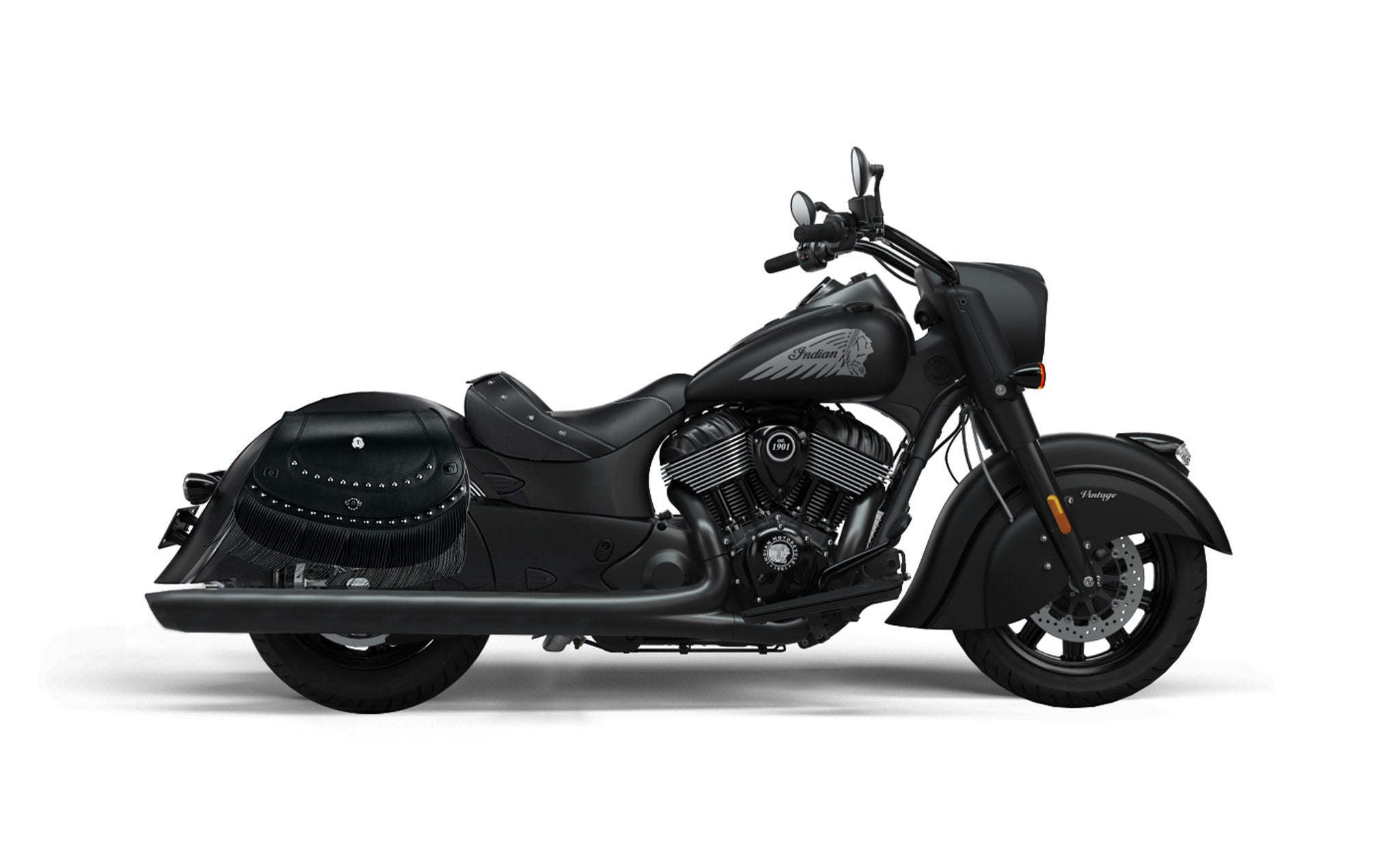 Viking Mohawk Extra Large Indian Vintage Darkhorse Specific Leather Motorcycle Saddlebags on Bike Photo @expand
