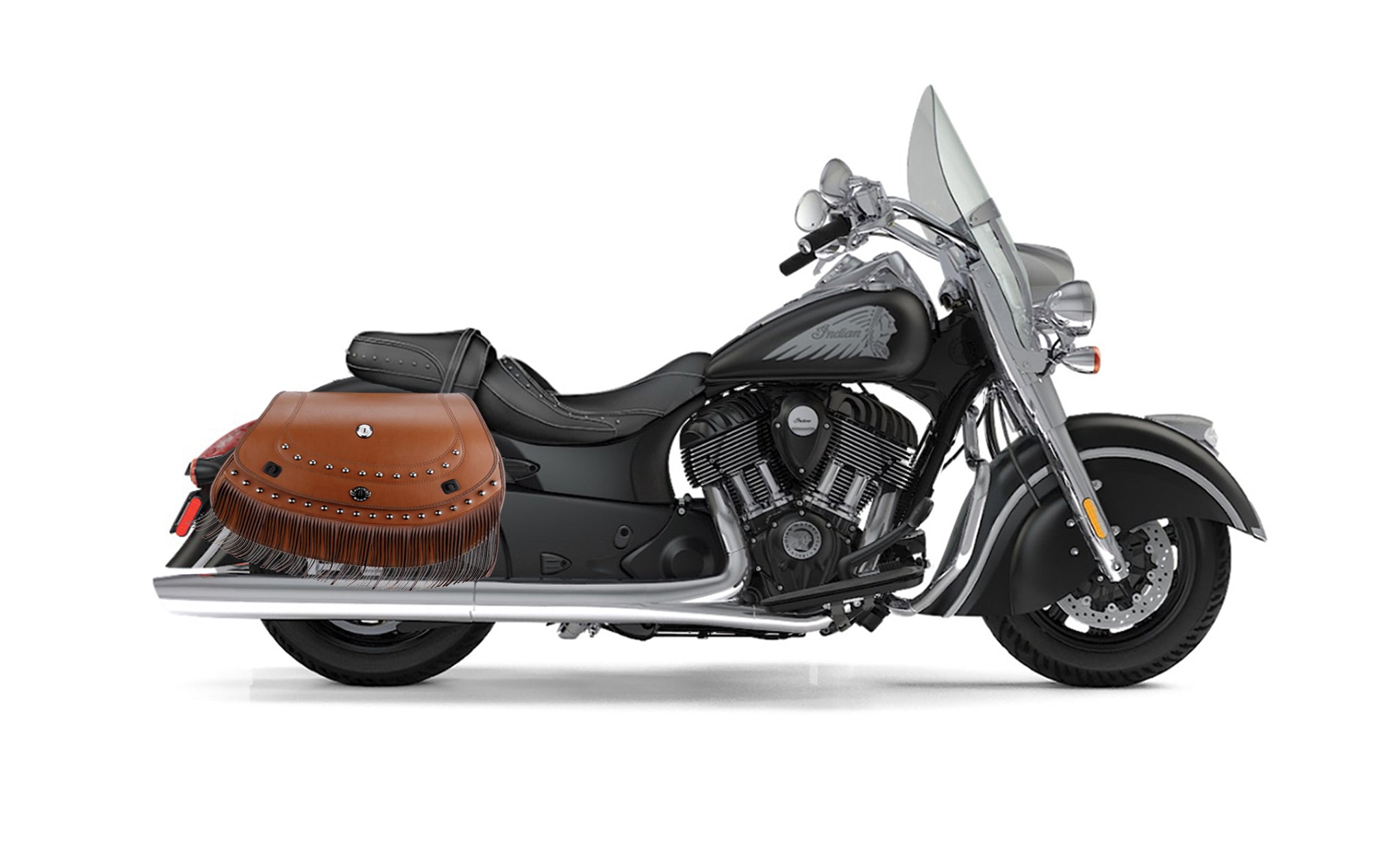Viking Mohawk Brown Extra Large Indian Springfield Specific Leather Motorcycle Saddlebags on Bike Photo @expand