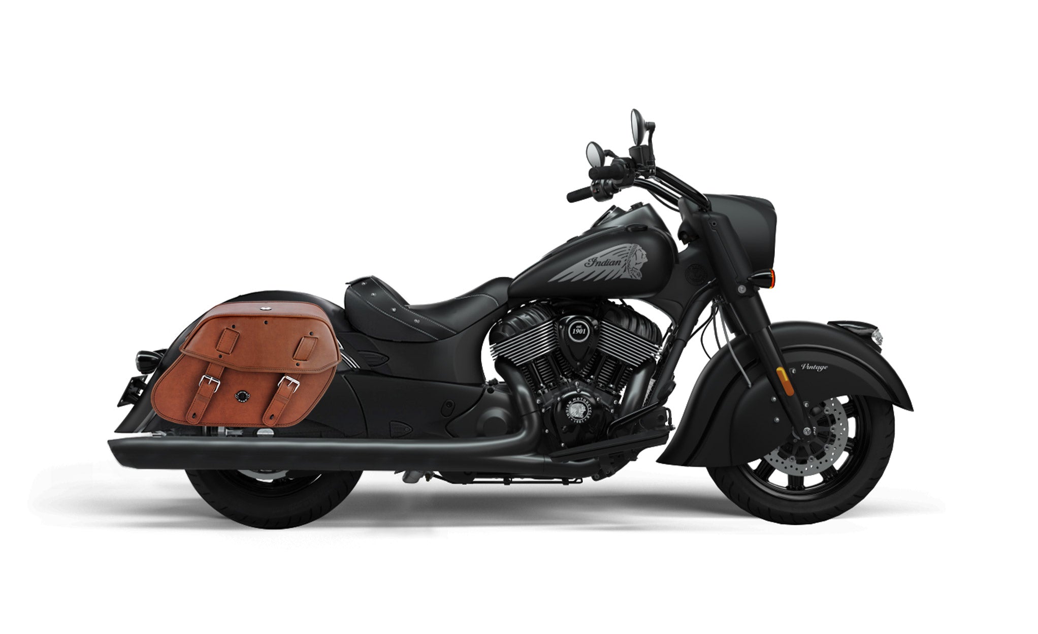 Viking Odin Brown Large Indian Vintage Darkhorse Leather Motorcycle Saddlebags on Bike Photo @expand