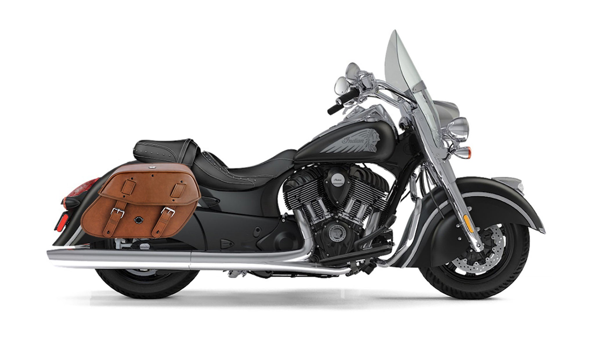Viking Odin Brown Large Indian Springfield Leather Motorcycle Saddlebags on Bike Photo @expand