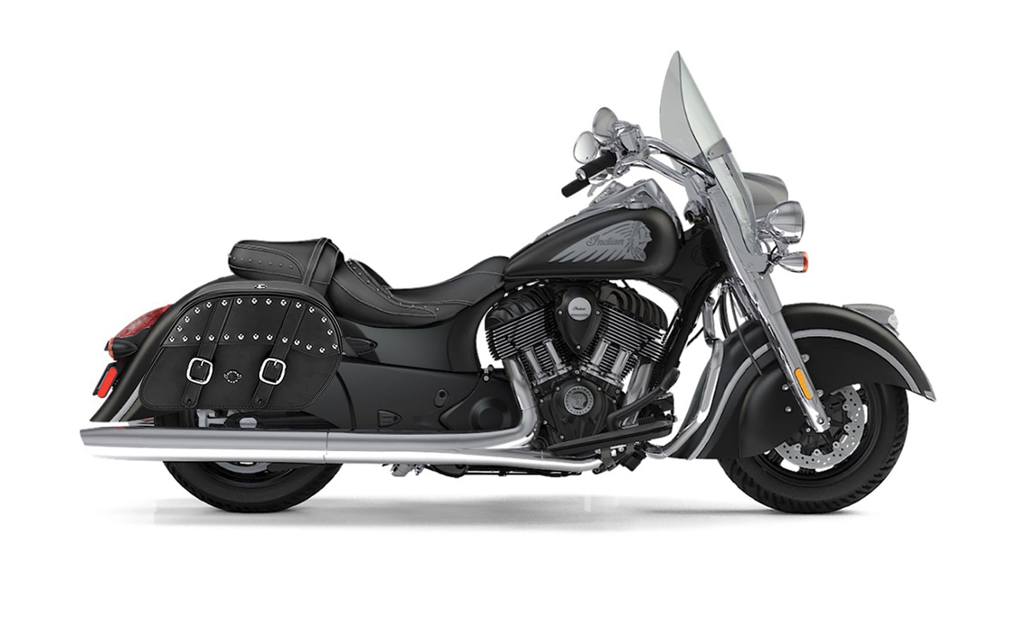 Viking Skarner Large Indian Springfield Leather Studded Motorcycle Saddlebags on Bike Photo @expand