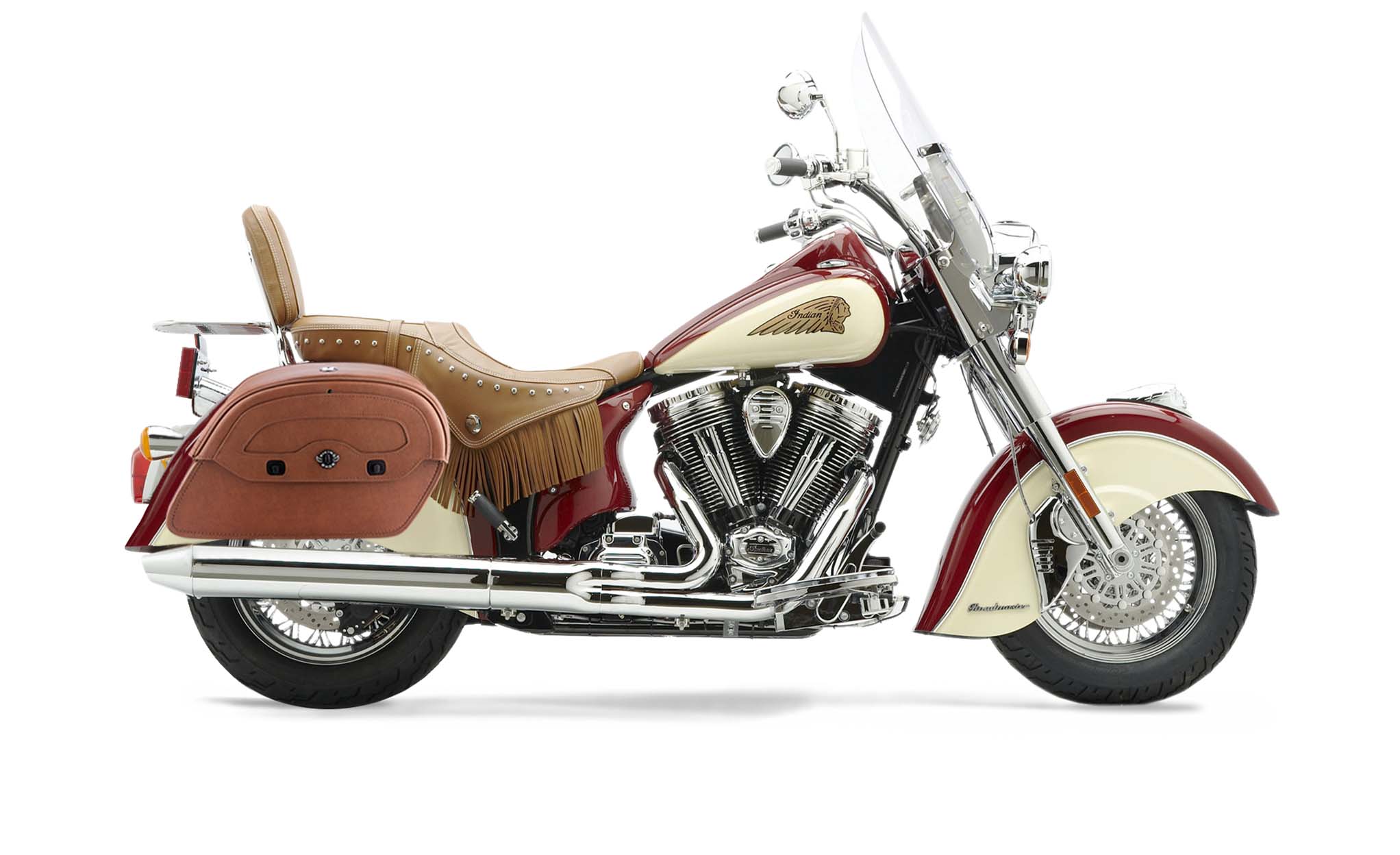 Viking Warrior Brown Large Indian Chief Roadmaster Leather Motorcycle Saddlebags on Bike Photo @expand