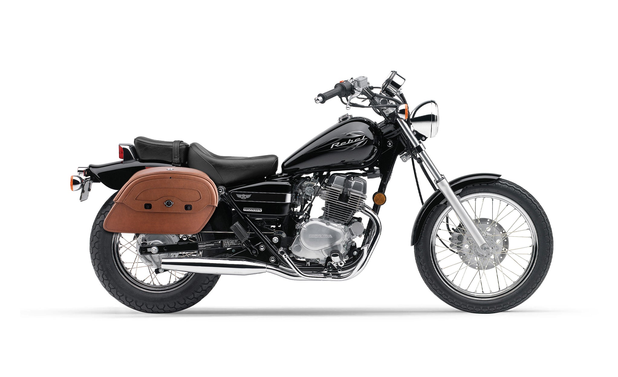 Viking Warrior Brown Large Honda Rebel 250 Leather Motorcycle Saddlebags on Bike Photo @expand
