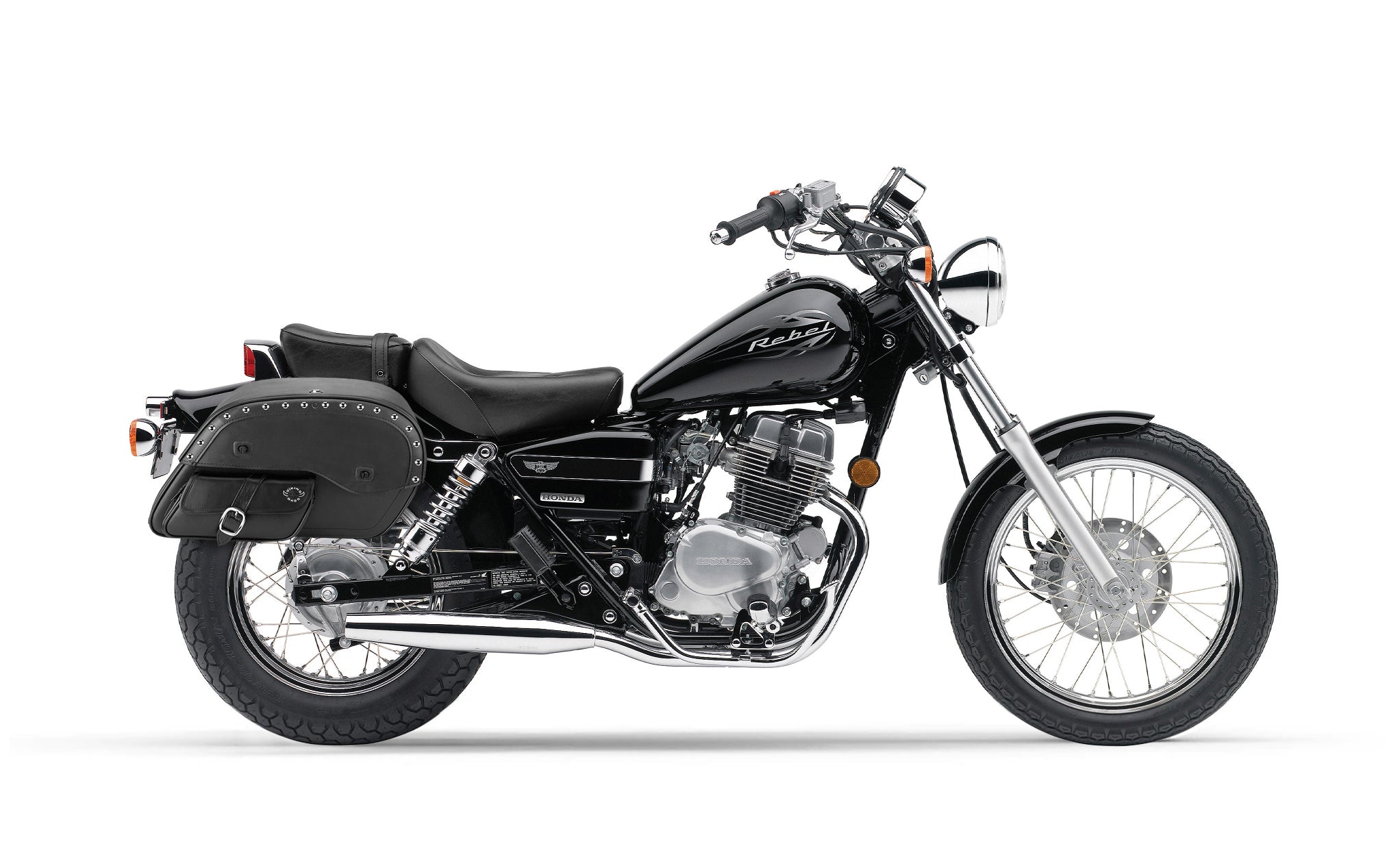 Viking Essential Side Pocket Large Honda Rebel 250 Leather Studded Motorcycle Saddlebags on Bike Photo @expand