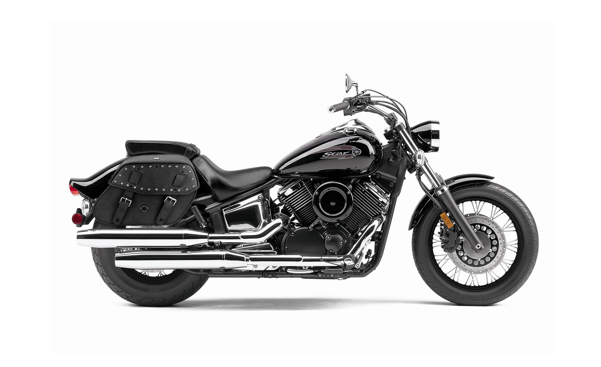 Viking Odin Large Yamaha V Star 1100 Custom Xvs11T Leather Studded Motorcycle Saddlebags on Bike Photo @expand