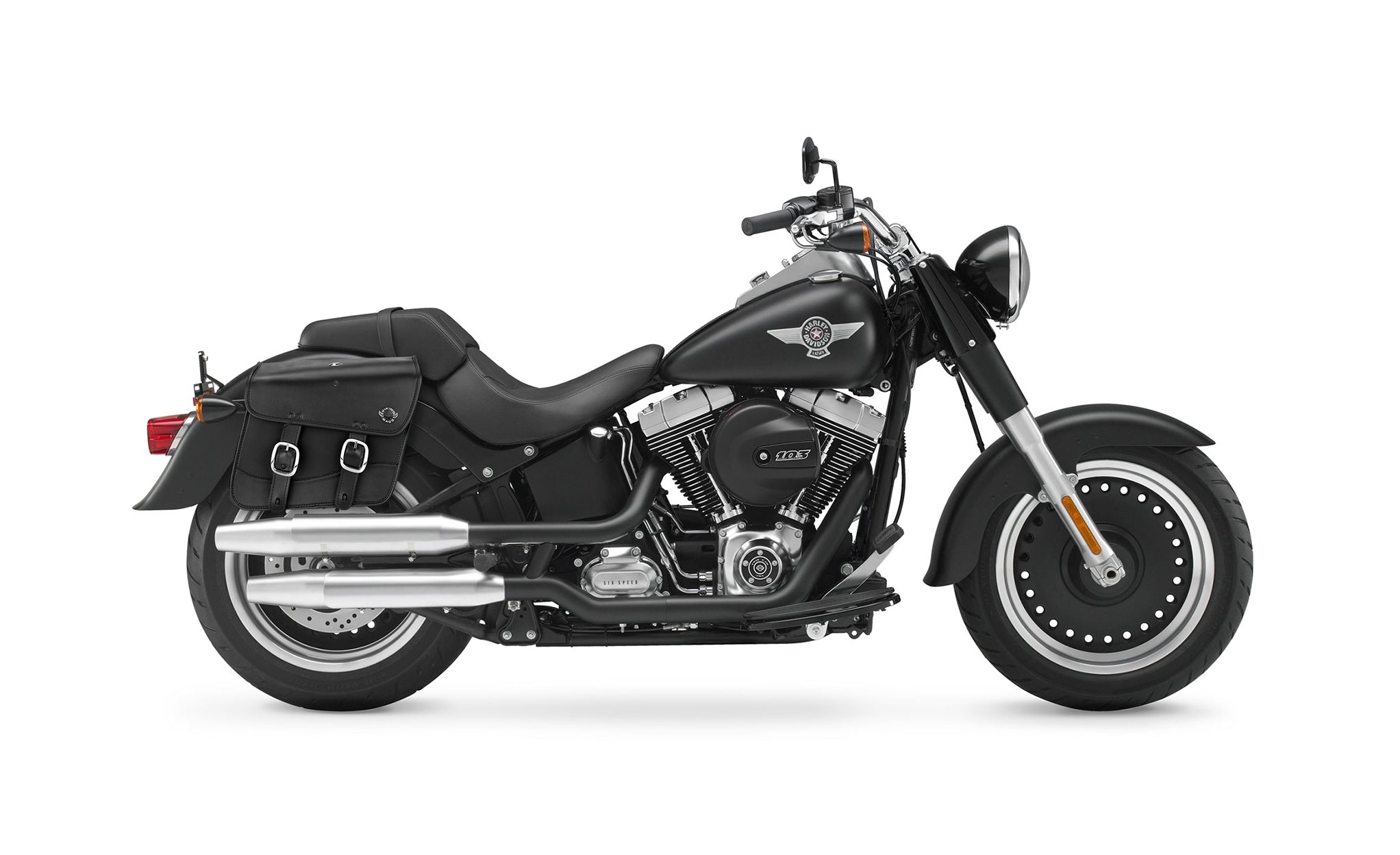Viking Thor Medium Leather Motorcycle Saddlebags For Harley Davidson Softail Fat Boy Lo Flstfb on Bike Photo @expand