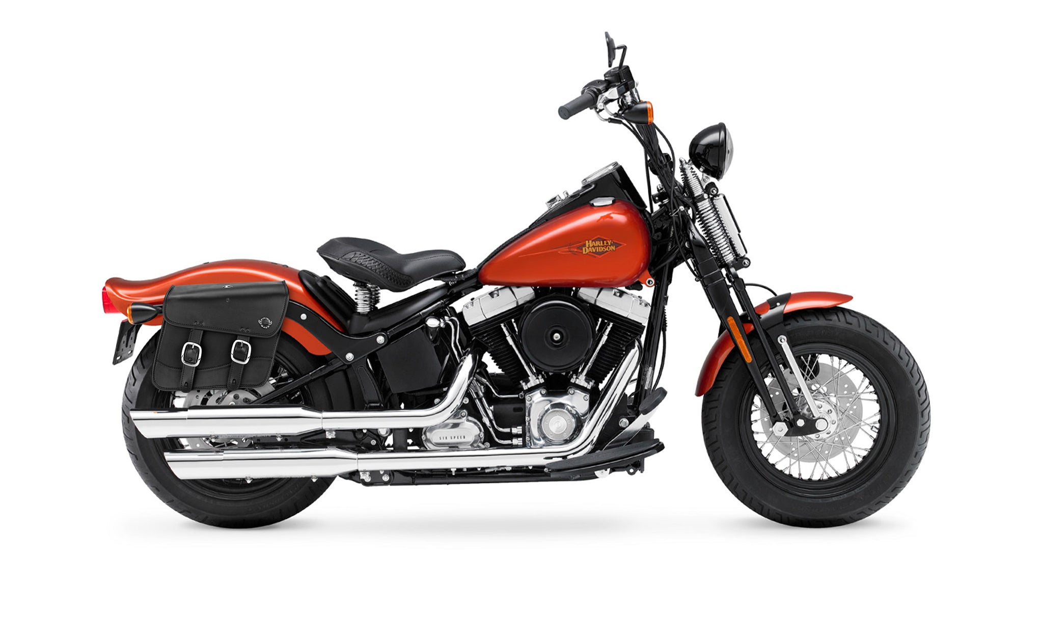 Viking Thor Medium Leather Motorcycle Saddlebags For Harley Davidson Softail Cross Bones Flstsb on Bike Photo @expand
