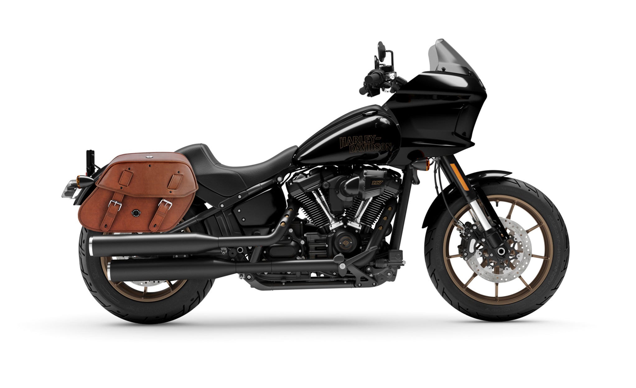 Viking Odin Brown Large Leather Motorcycle Saddlebags For Harley Softail Low Rider St Fxlrst on Bike Photo @expand