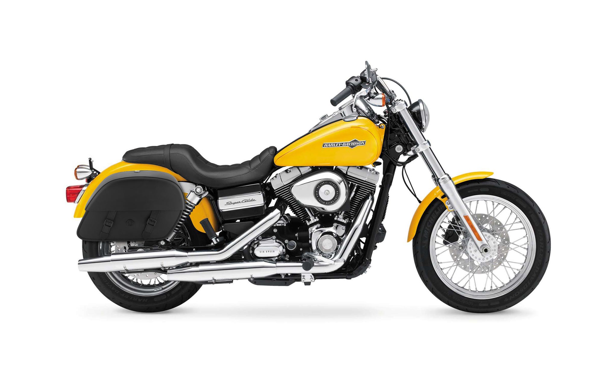 Viking Baelor Large Leather Motorcycle Saddlebags For Harley Dyna Super Glide Fxd I on Bike Photo @expand