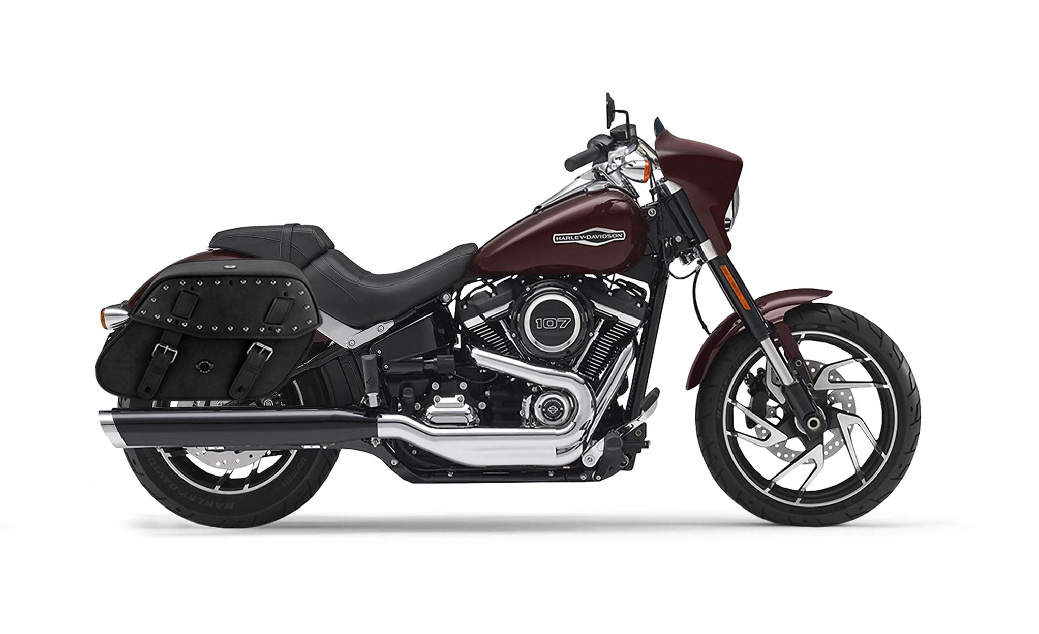 Viking Odin Large Studded Leather Motorcycle Saddlebags For Harley Softail Sport Glide Flsb on Bike Photo @expand