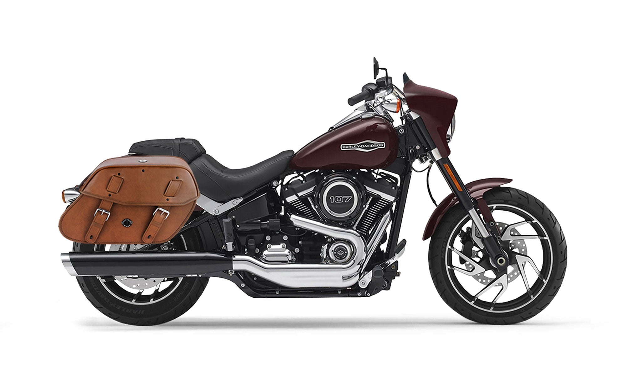 Viking Odin Brown Large Leather Motorcycle Saddlebags For Harley Softail Sport Glide Flsb on Bike Photo @expand
