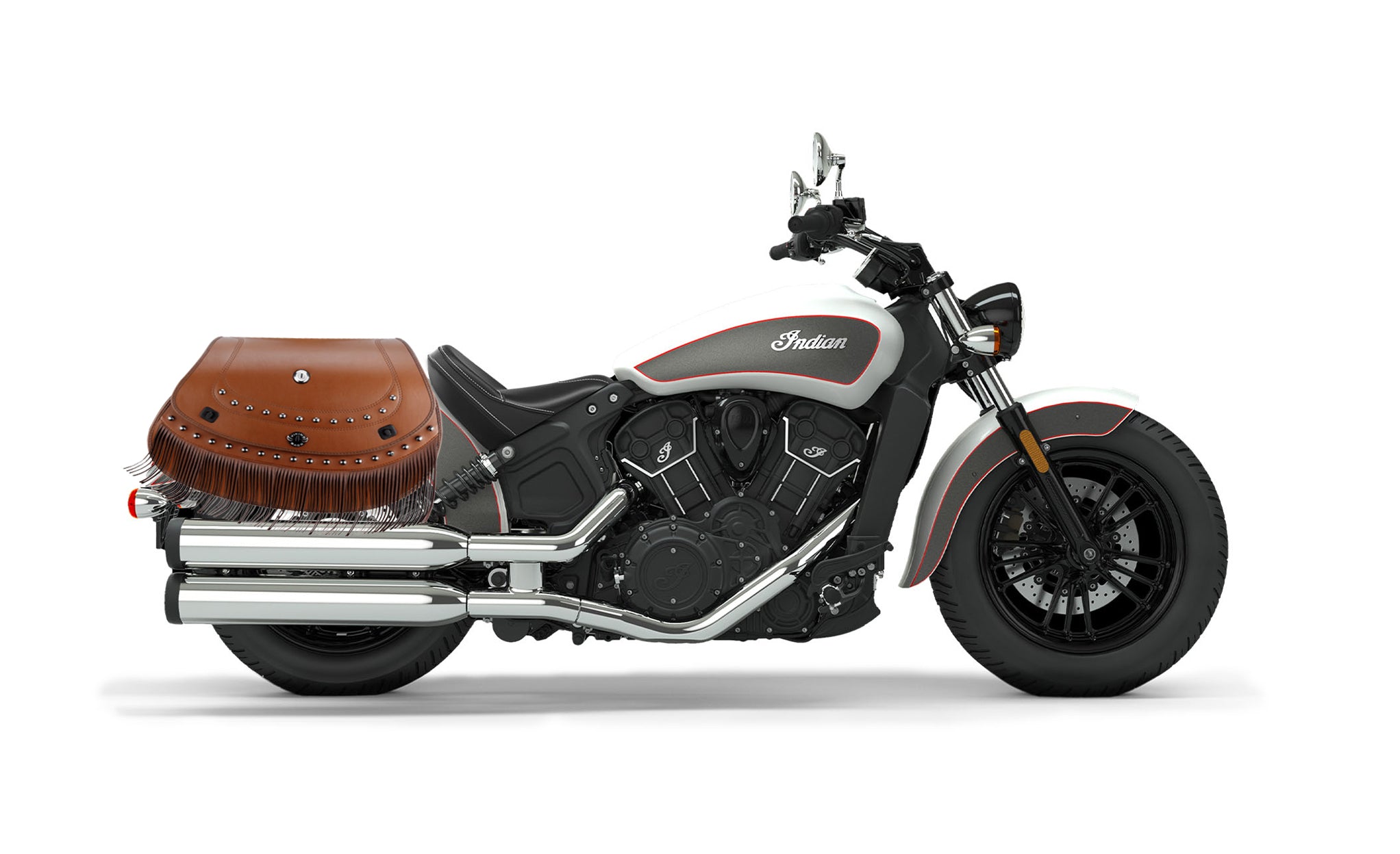 Viking Mohawk Brown Extra Large Indian Scout Sixty Specific Leather Motorcycle Saddlebags on Bike Photo @expand