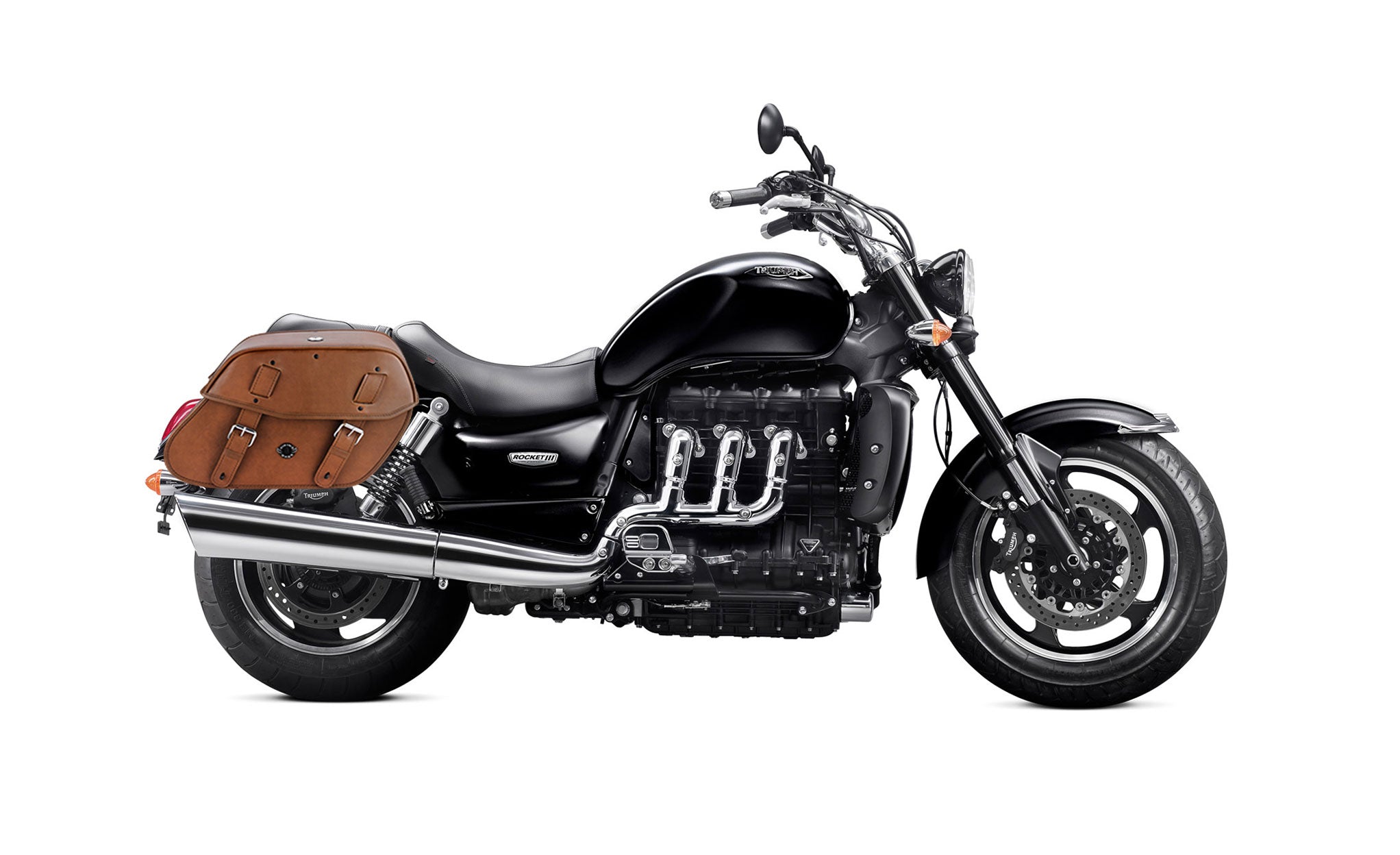 Viking Odin Brown Large Triumph Rocket Iii Classic Leather Motorcycle Saddlebags on Bike Photo @expand