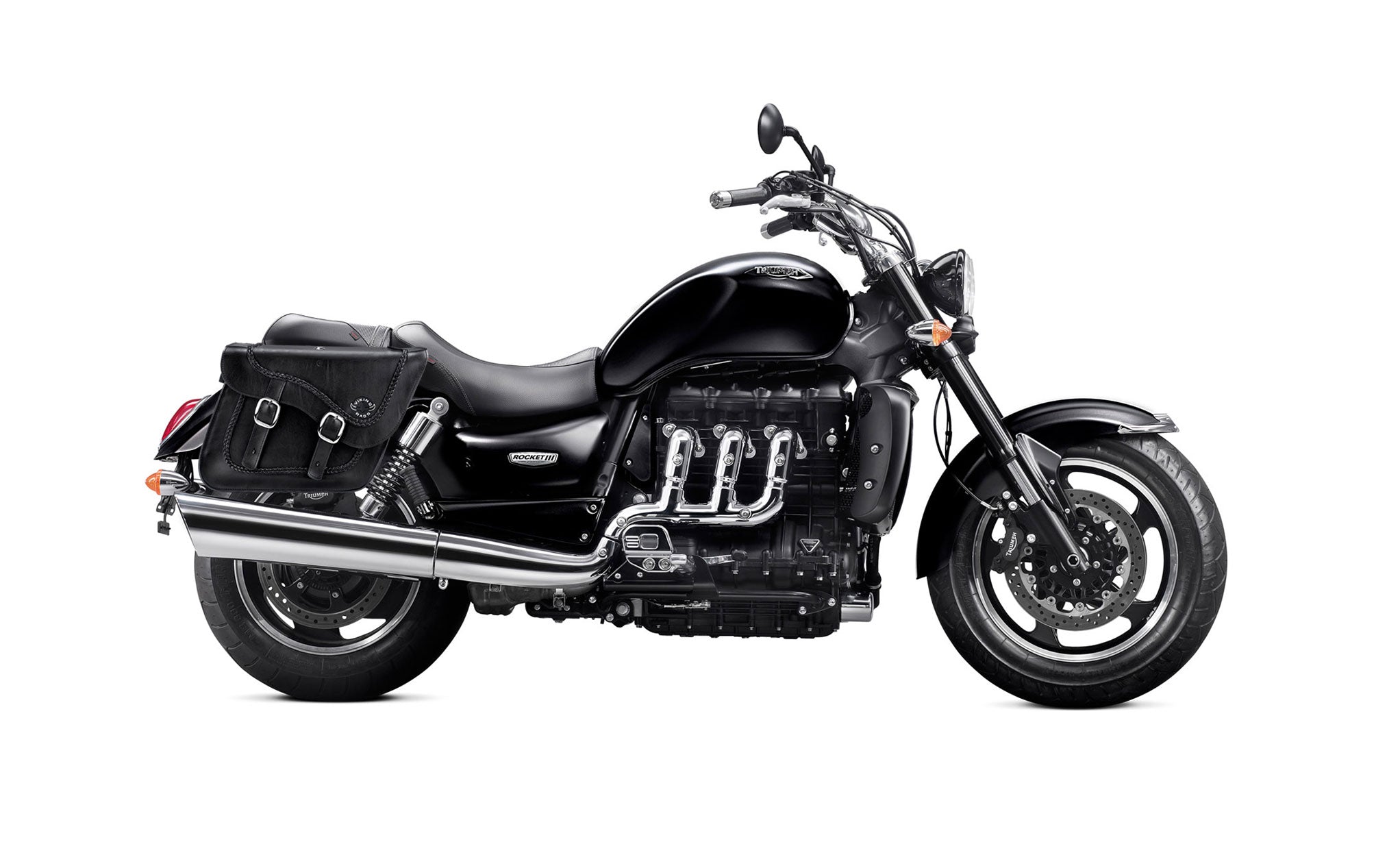 Viking Americano Triumph Rocket Iii Classic Braided Large Leather Motorcycle Saddlebags on Bike Photo @expand