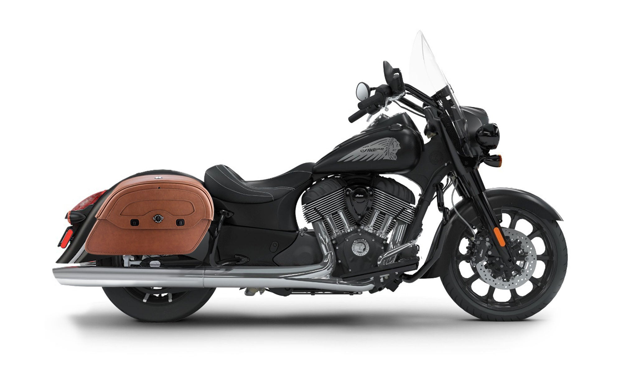Viking Warrior Brown Large Indian Springfield Darkhorse Leather Motorcycle Saddlebags on Bike Photo @expand