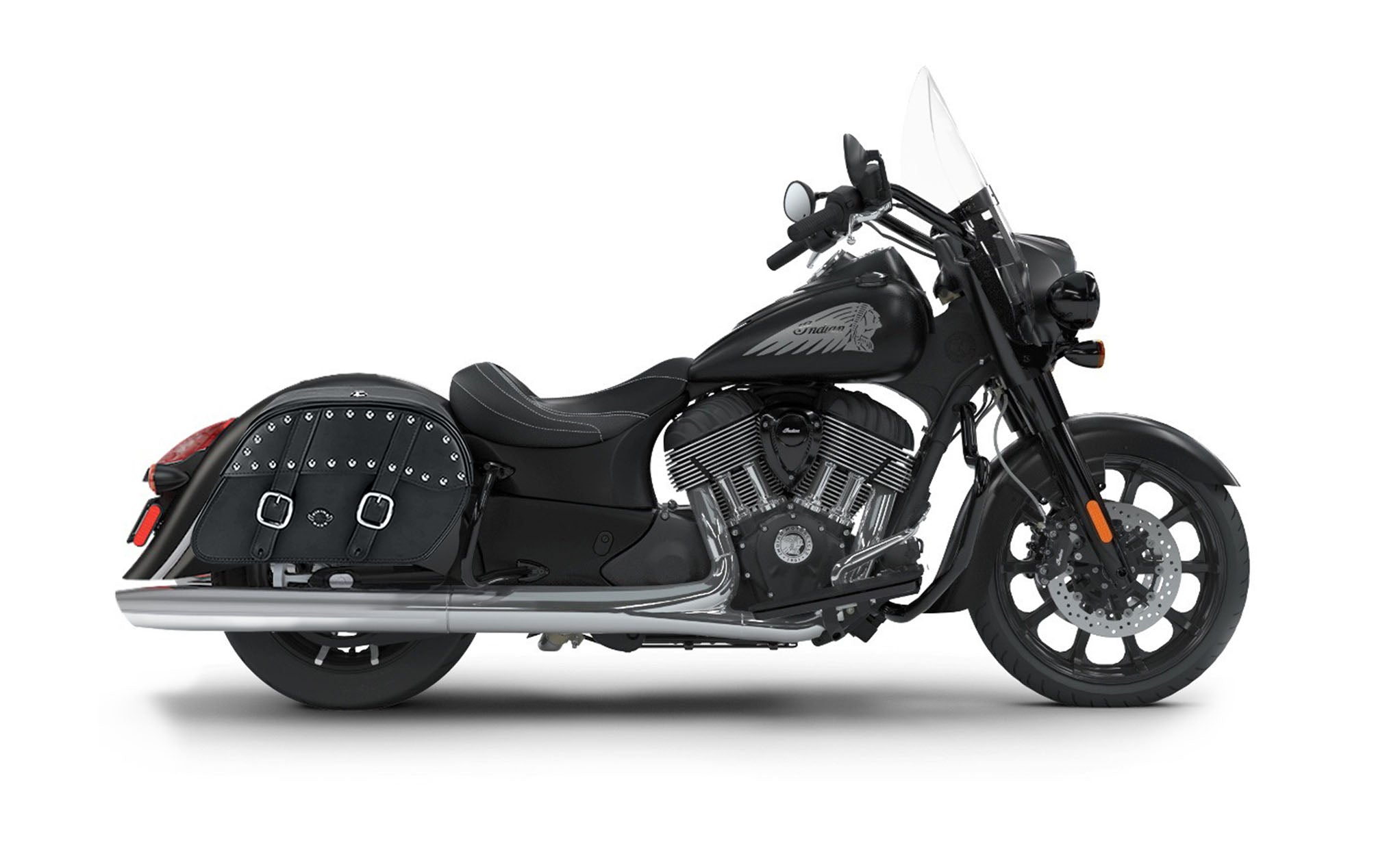 Viking Skarner Large Indian Springfield Darkhorse Leather Studded Motorcycle Saddlebags on Bike Photo @expand