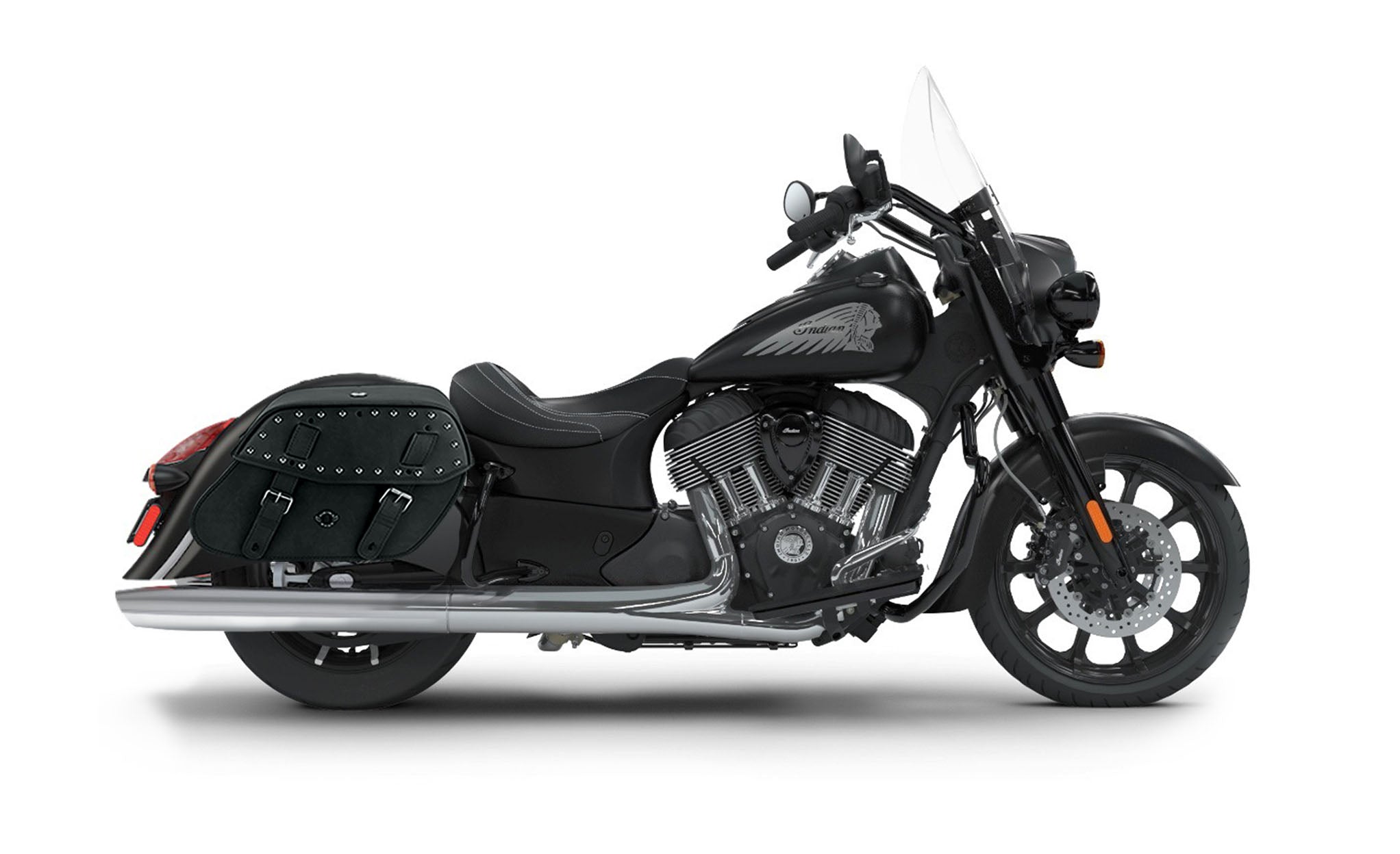 Viking Odin Large Indian Springfield Darkhorse Studded Leather Motorcycle Saddlebags on Bike Photo @expand
