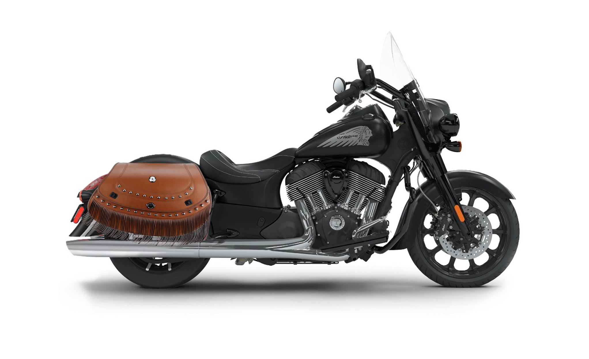 Viking Mohawk Brown Extra Large Indian Springfield Darkhorse Specific Leather Motorcycle Saddlebags on Bike Photo @expand
