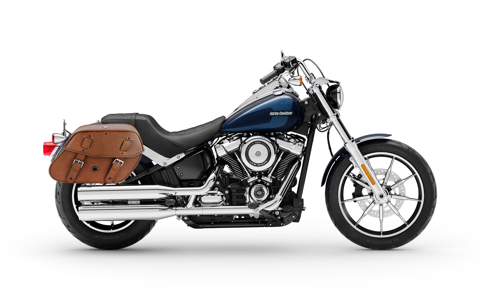 Viking Odin Brown Large Leather Motorcycle Saddlebags For Harley Softail Low Rider Fxlr on Bike Photo @expand