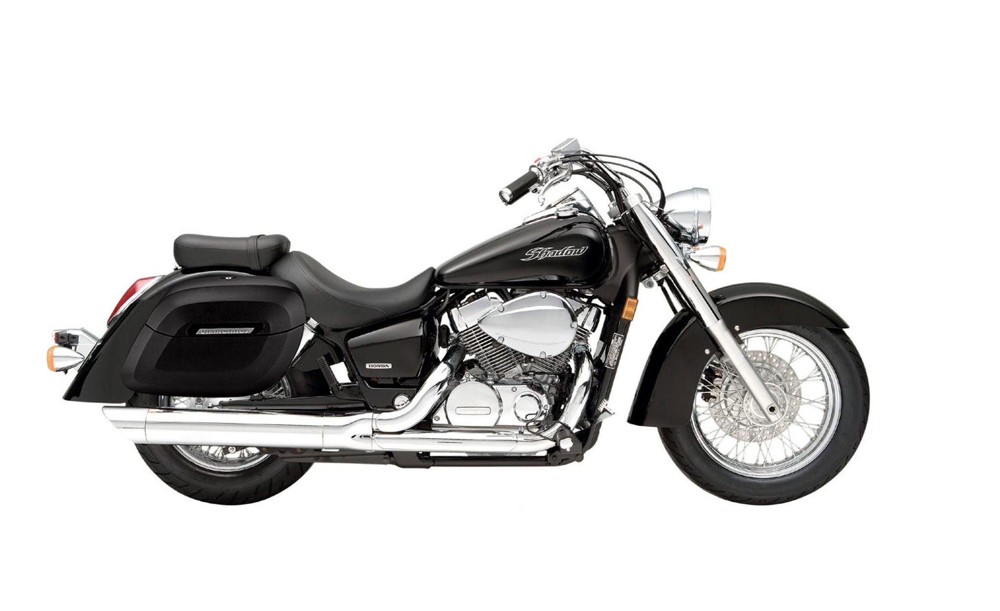Viking Lamellar Raven Extra Large Honda Shadow 750 Aero Shock Cutout Matte Motorcycle Hard Saddlebags on Bike Photo @expand