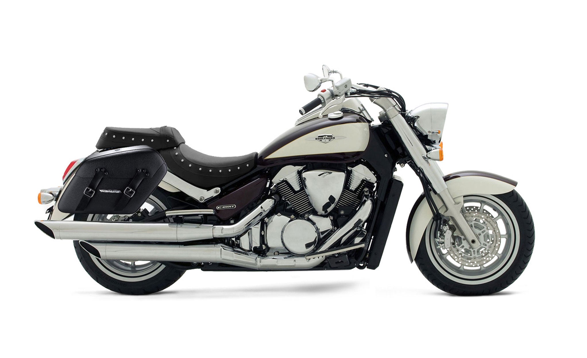 Viking Baldur Extra Large Suzuki Boulevard C109 Leather Wrapped Motorcycle Hard Saddlebags on Bike Photo @expand