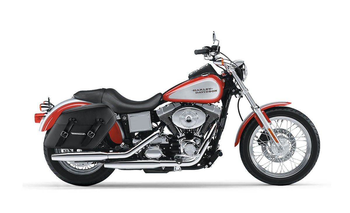 38L - Baldur Extra Large Shock Cut-out Leather Wrapped Motorcycle Hard Saddlebags for Harley Dyna Low Rider FXDL/I Bag on Bike @expand