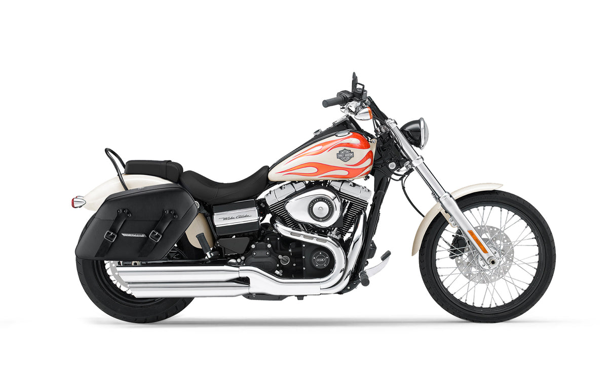 38L - Baldur Extra Large Shock Cut-out Leather Wrapped Motorcycle Hard Saddlebags for Harley Dyna Wide Glide FXDWG/I Bag on Bike @expand