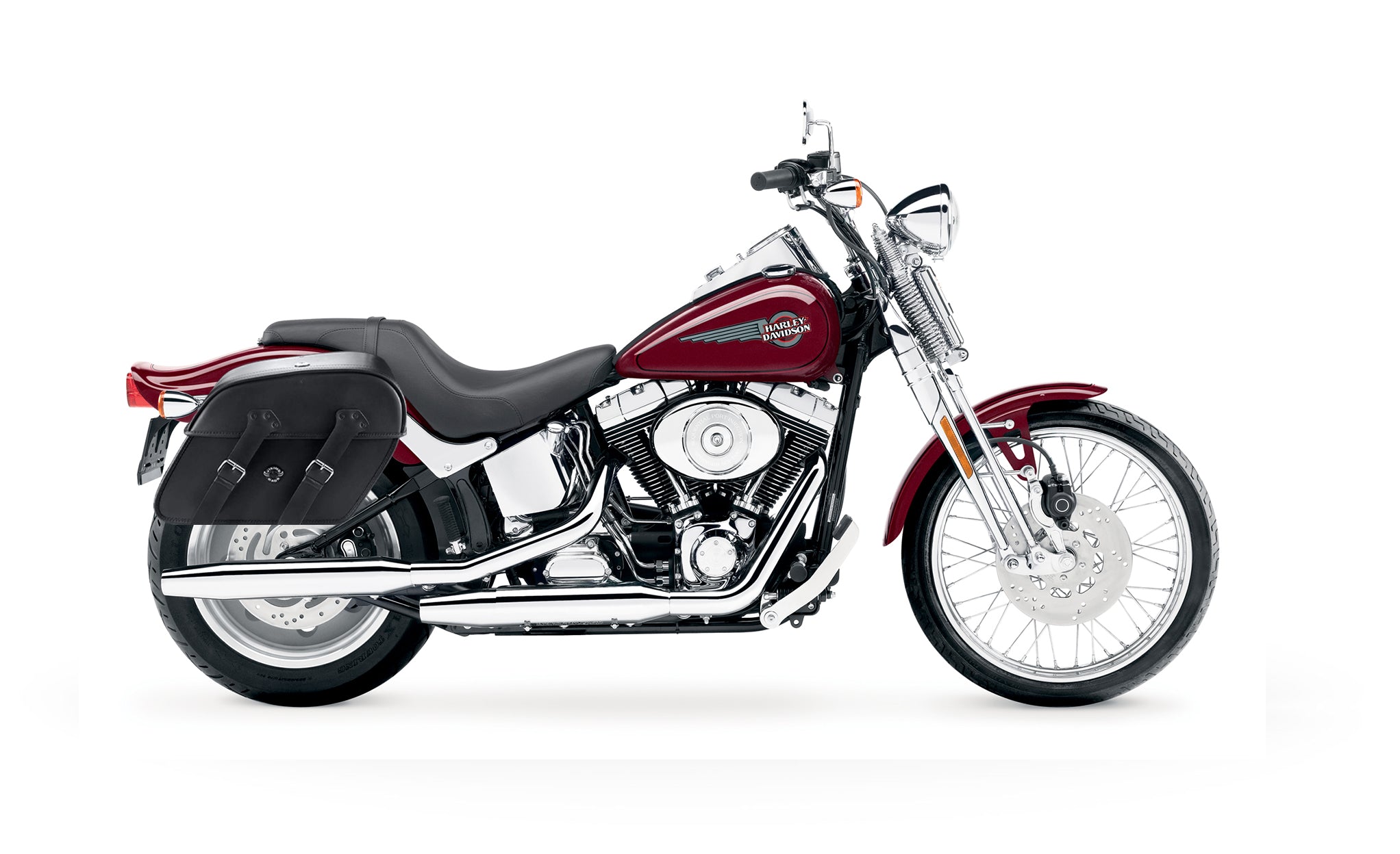 Viking Raven Large Motorcycle Leather Saddlebags For Harley Softail Springer Fxsts I on Bike Photo @expand