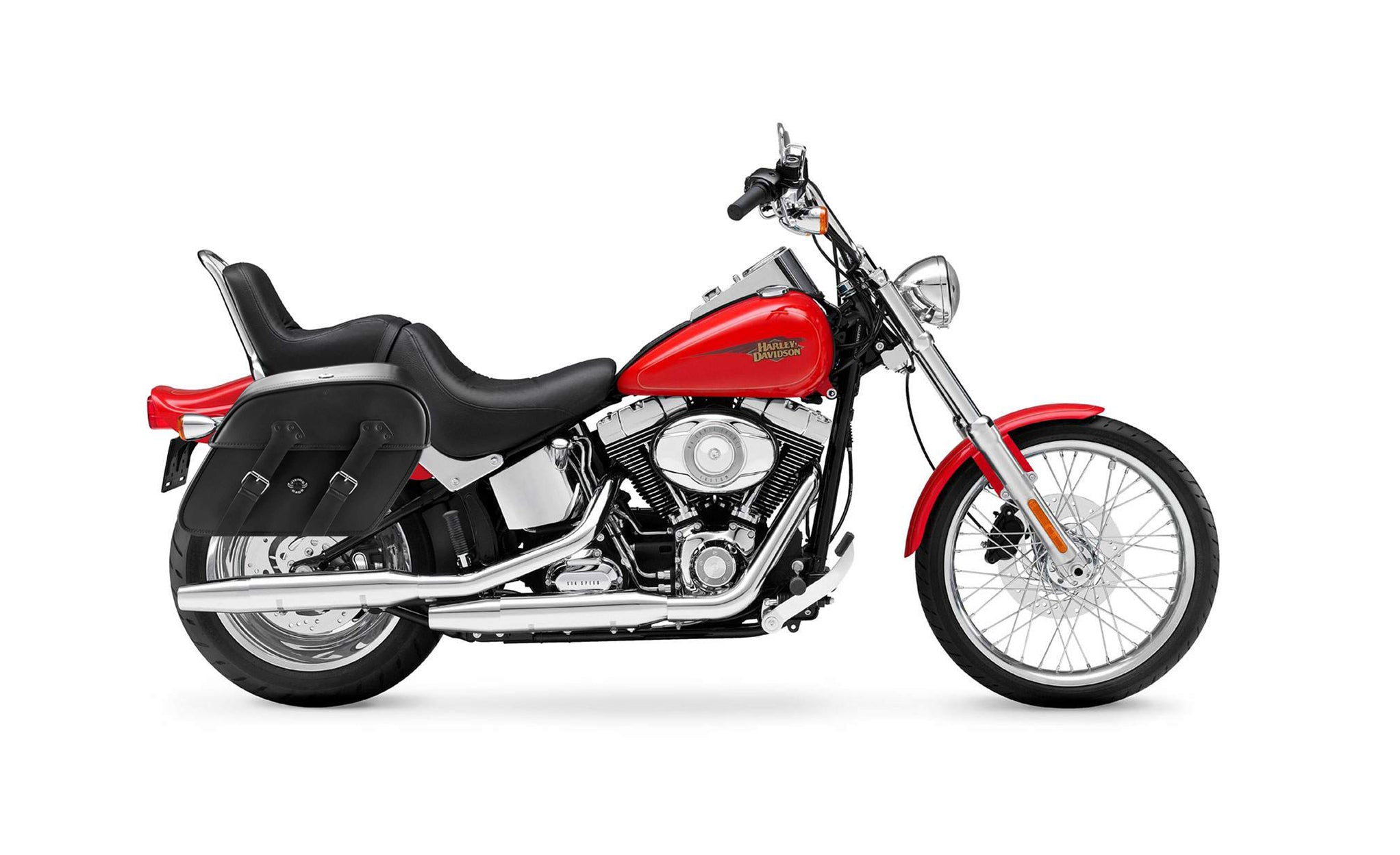Viking Raven Large Motorcycle Leather Saddlebags For Harley Softail Custom Fxstc on Bike Photo @expand