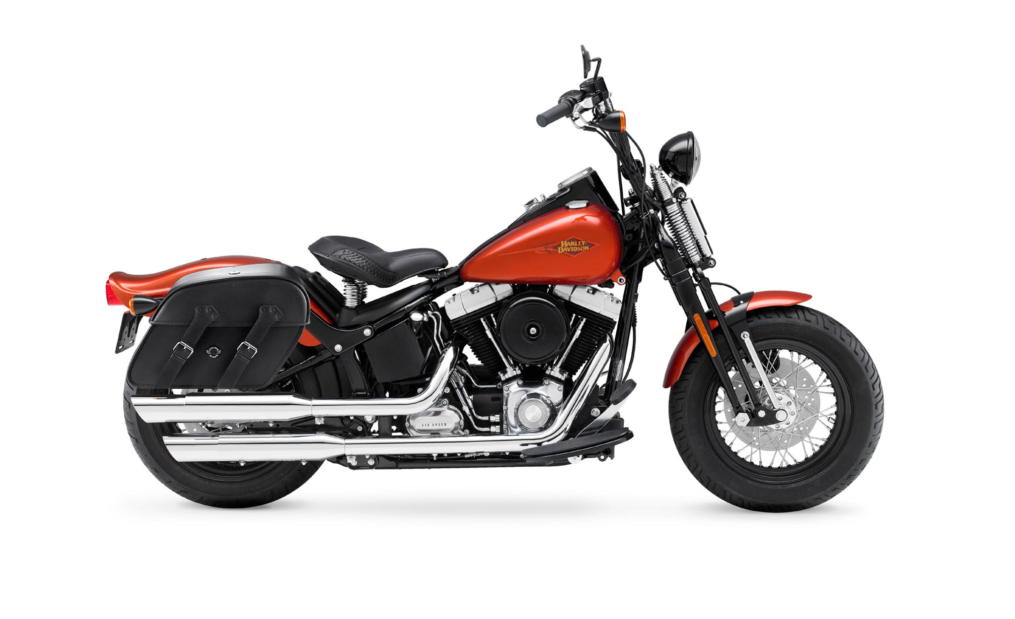 Viking Raven Large Motorcycle Leather Saddlebags For Harley Softail Cross Bones Flstsb on Bike Photo @expand