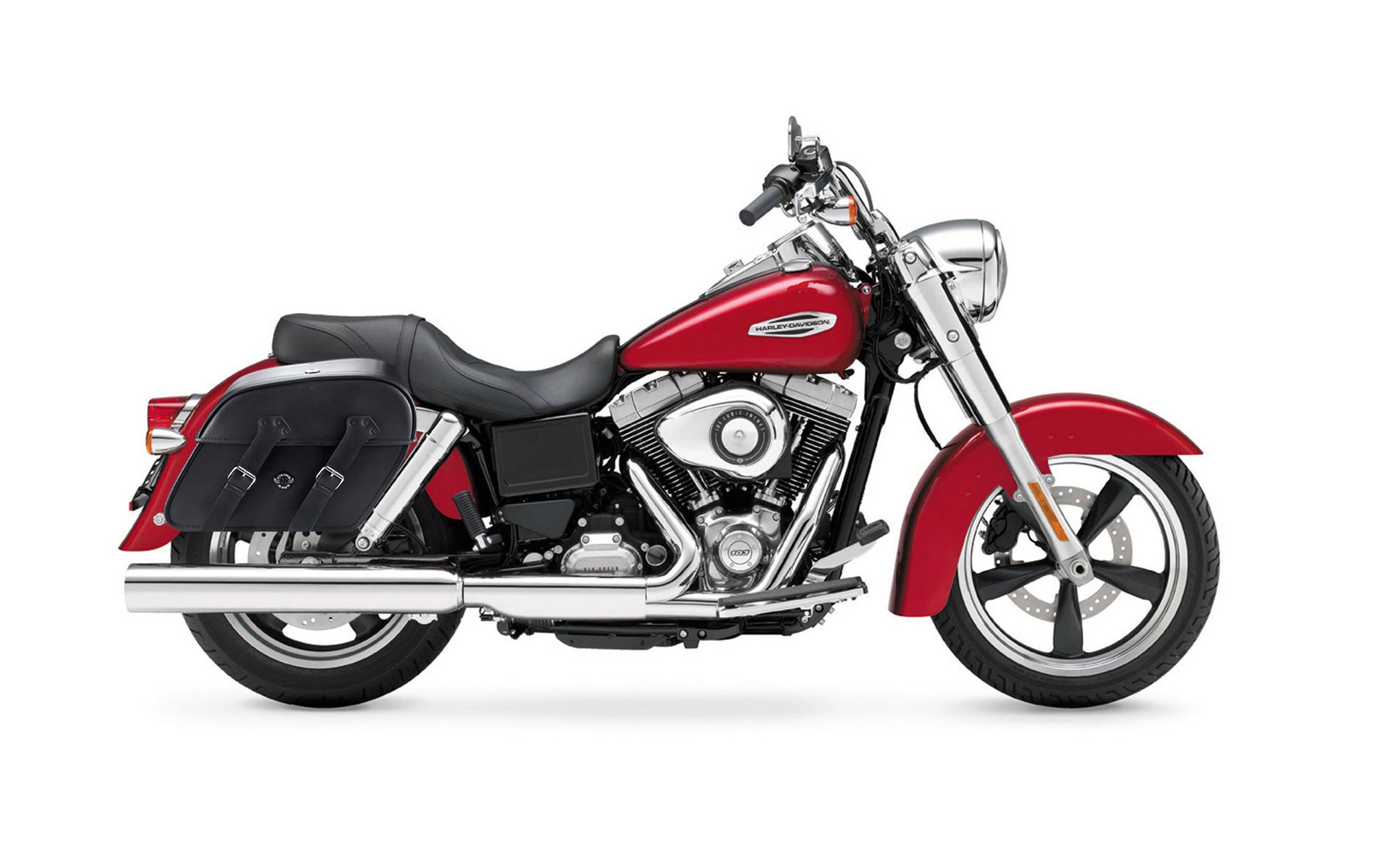 Viking Raven Large Motorcycle Leather Saddlebags For Harley Dyna Switchback Fld on Bike Photo @expand