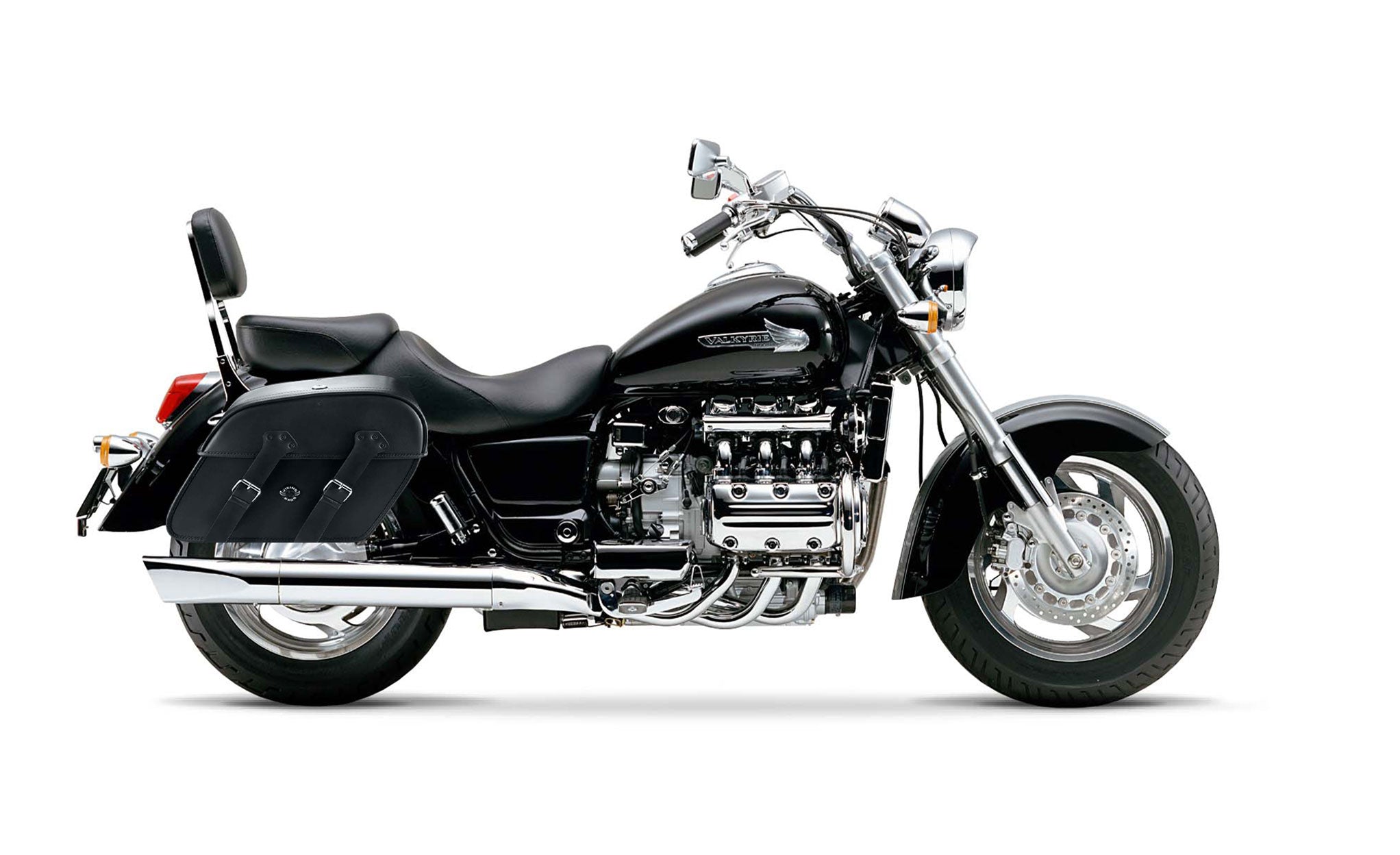Viking Raven Extra Large Honda 1500 Valkyrie Standard Shock Cut Out Leather Motorcycle Saddlebags on Bike Photo @expand