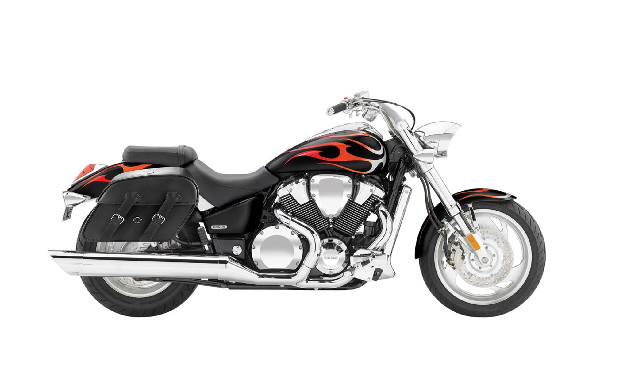 Viking Raven Extra Large Honda Vtx 1800 C Shock Cut Out Leather Motorcycle Saddlebags on Bike Photo @expand