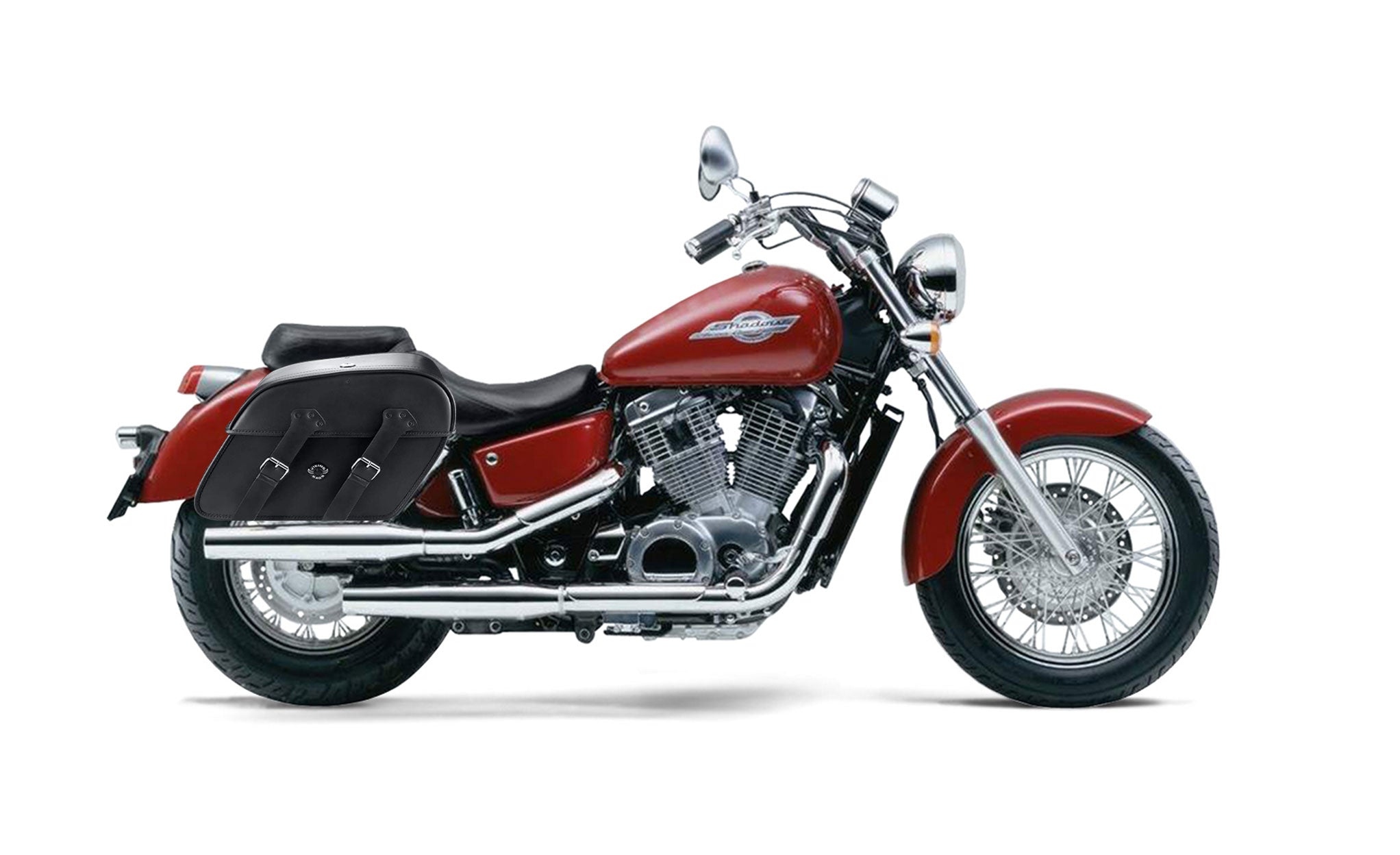 Viking Raven Extra Large Honda Shadow 1100 Ace Shock Cut Out Leather Motorcycle Saddlebags on Bike Photo @expand