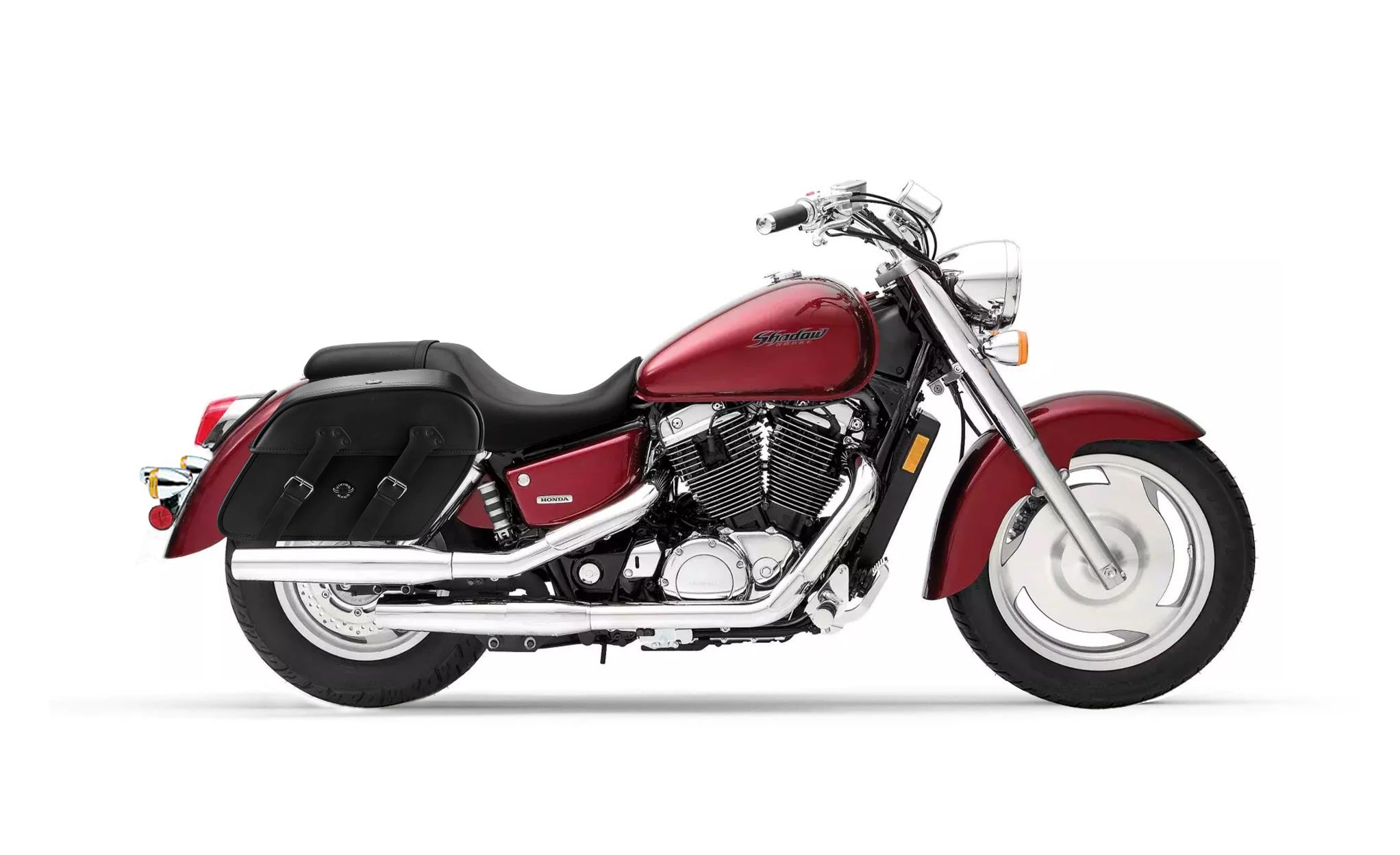 Viking Raven Extra Large Honda Shadow 1100 Sabre Shock Cut Out Leather Motorcycle Saddlebags on Bike Photo @expand
